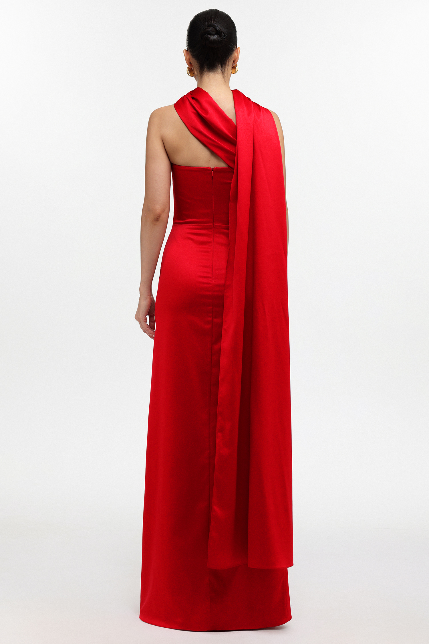 Endora Glamorous Lustrous Strapless Pleated Satin Maxi Dress