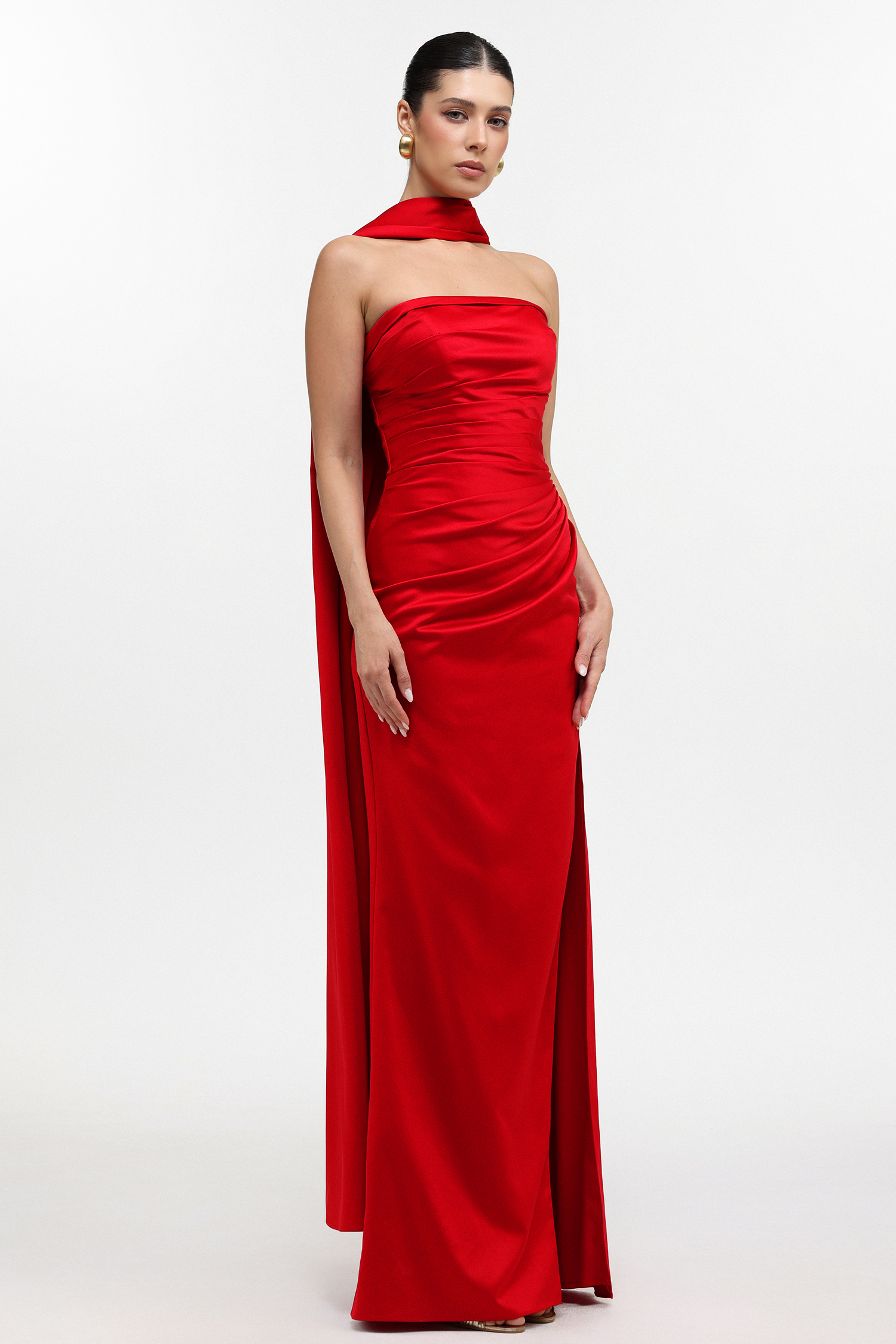 Endora Glamorous Lustrous Strapless Pleated Satin Maxi Dress
