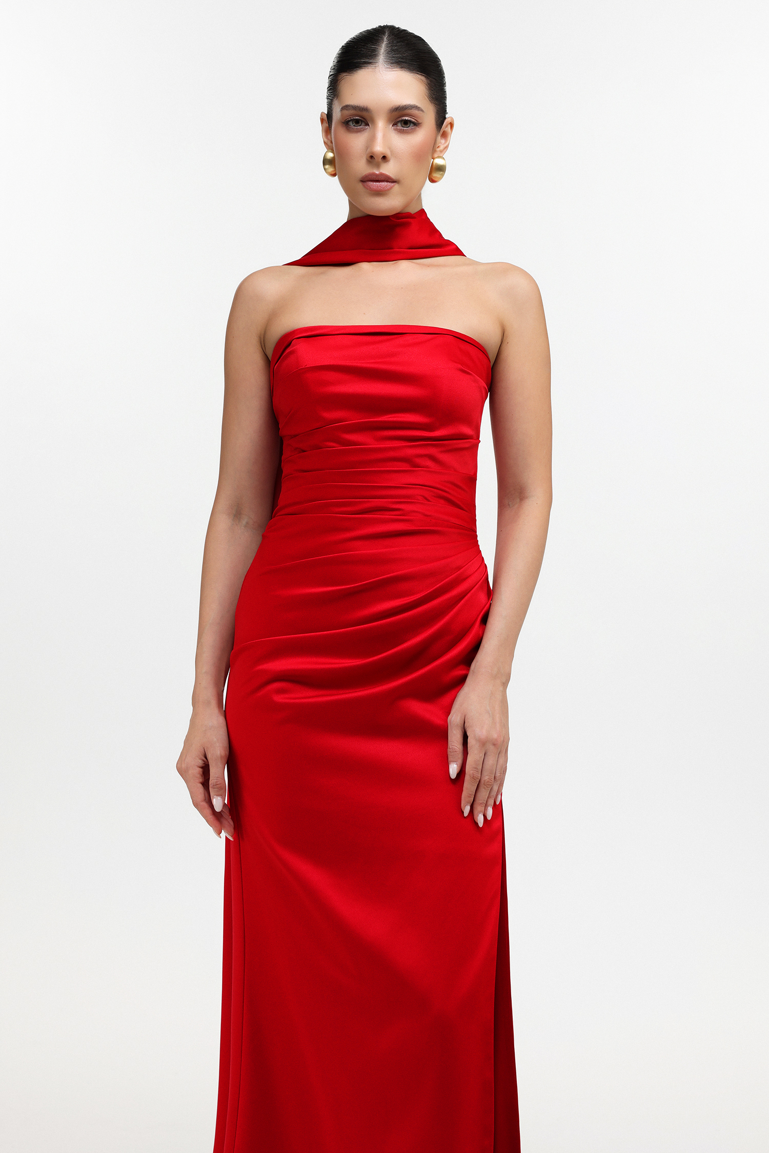 Endora Glamorous Lustrous Strapless Pleated Satin Maxi Dress