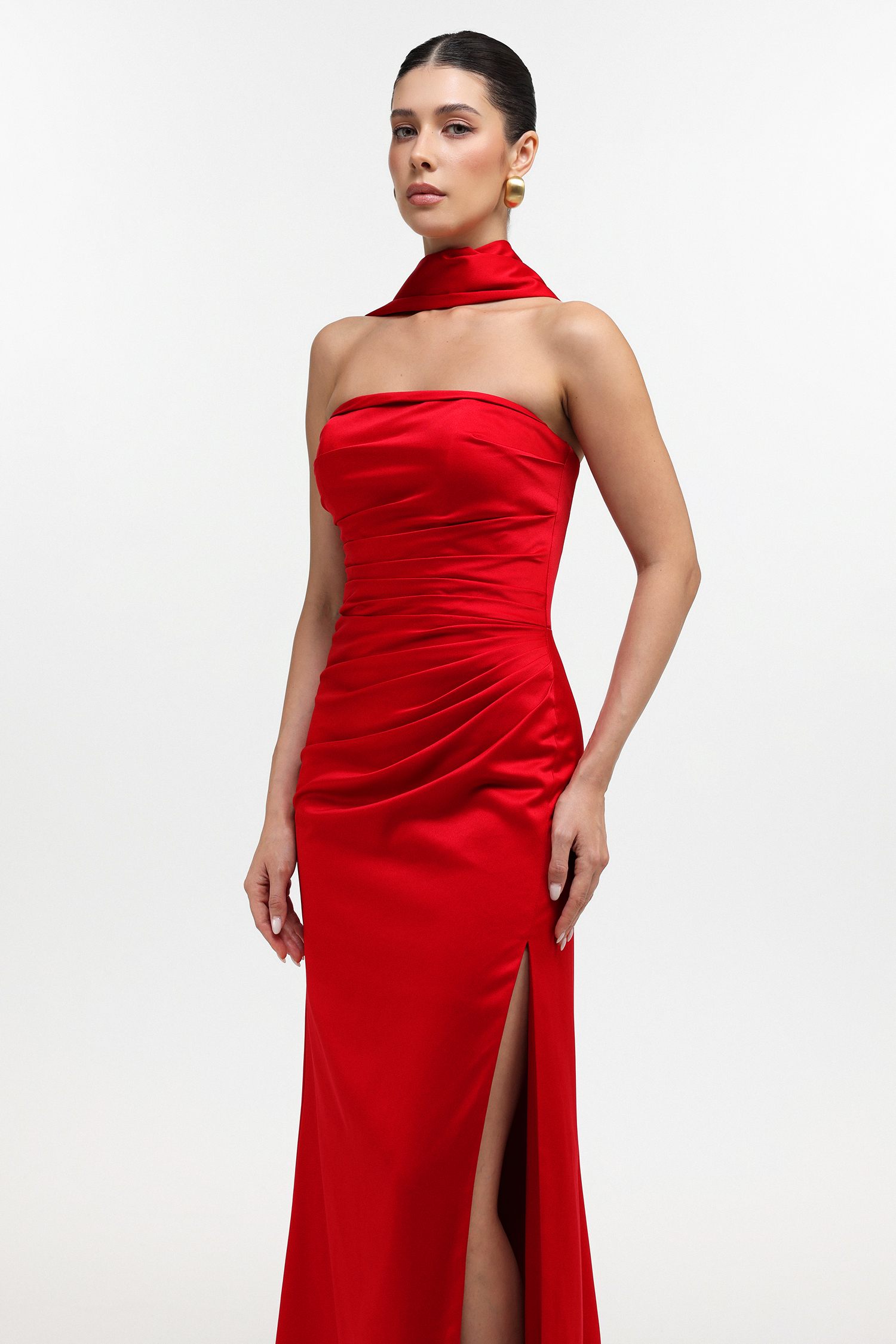 Endora Glamorous Lustrous Strapless Pleated Satin Maxi Dress