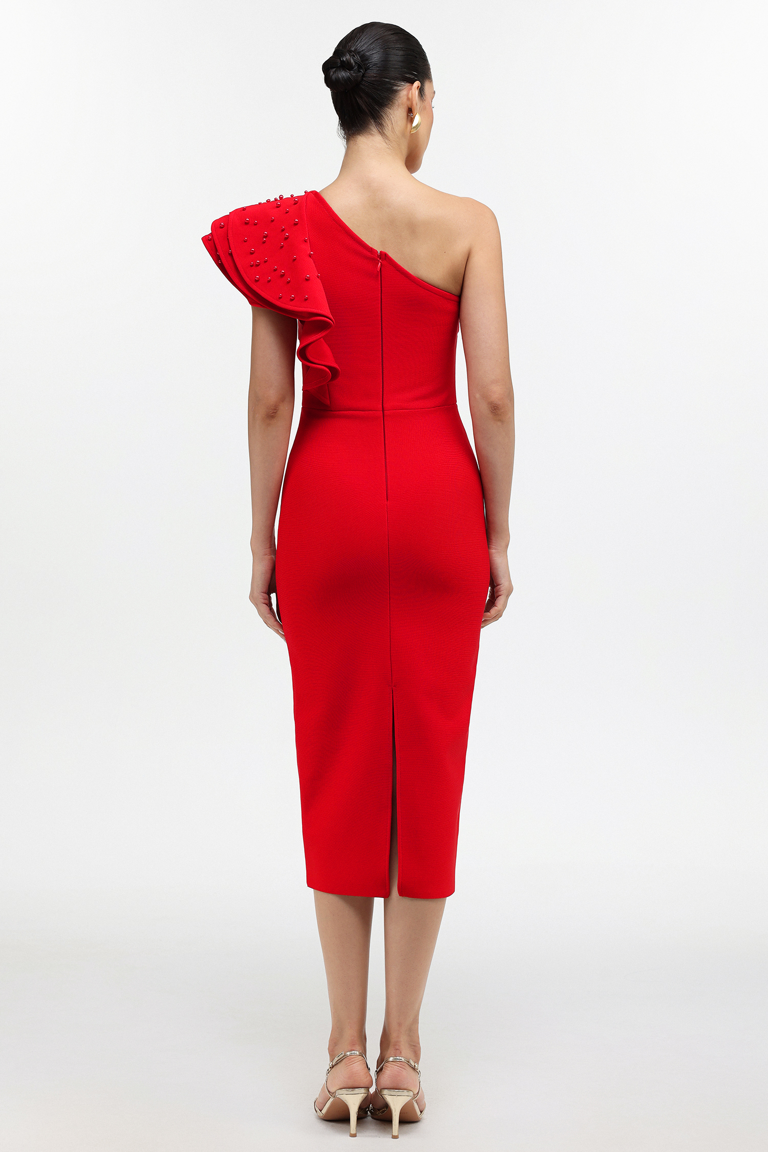 Xiacly Glamorous Contour One Shoulder Beaded Ruffle Bandage Maxi Dress