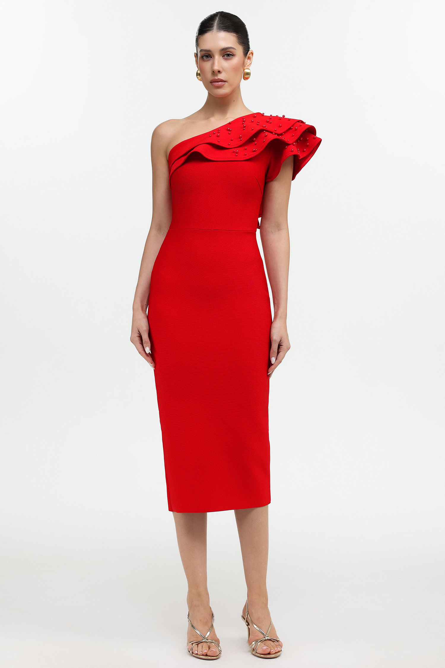 Xiacly Glamorous Contour One Shoulder Beaded Ruffle Bandage Maxi Dress