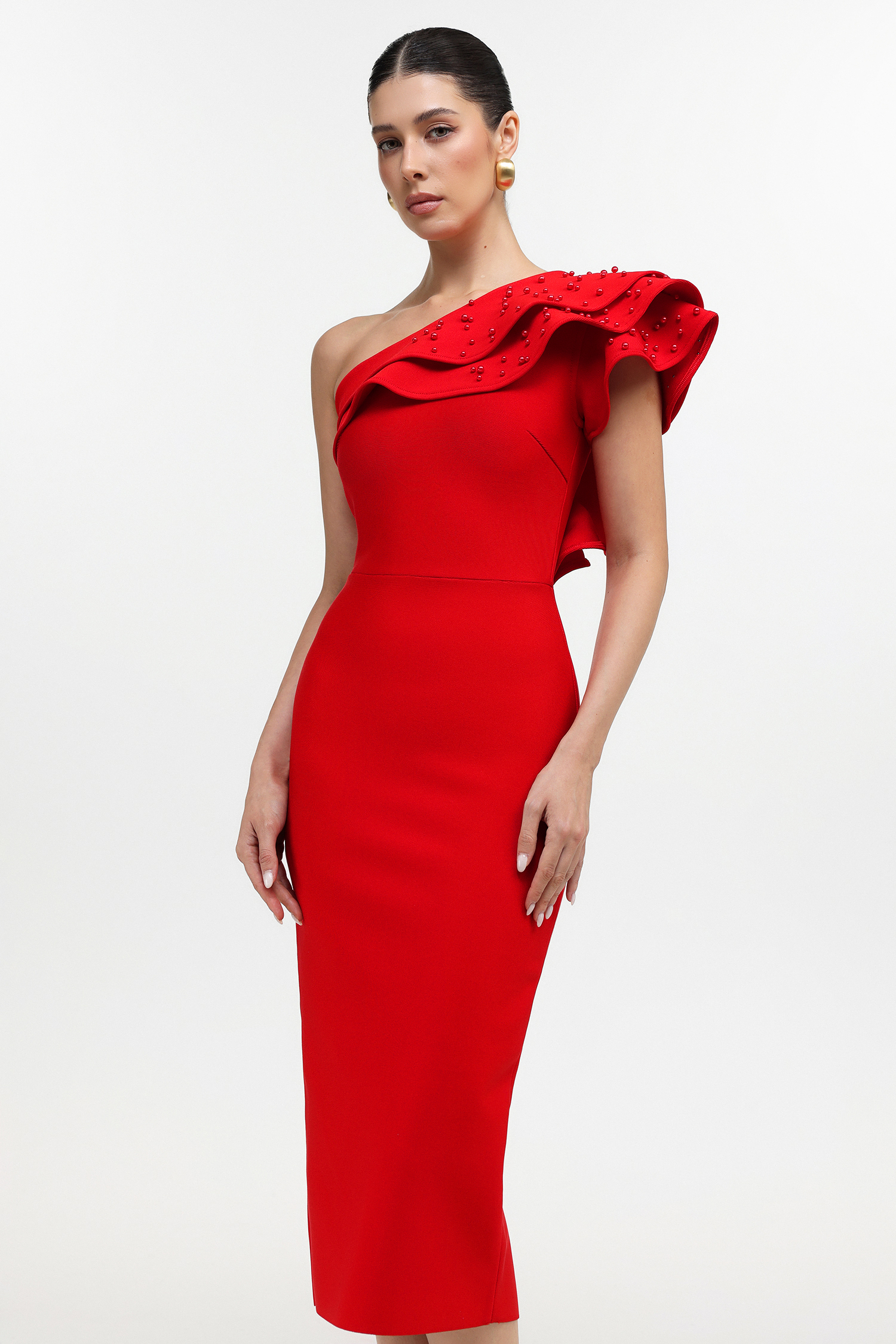 Xiacly Glamorous Contour One Shoulder Beaded Ruffle Bandage Maxi Dress