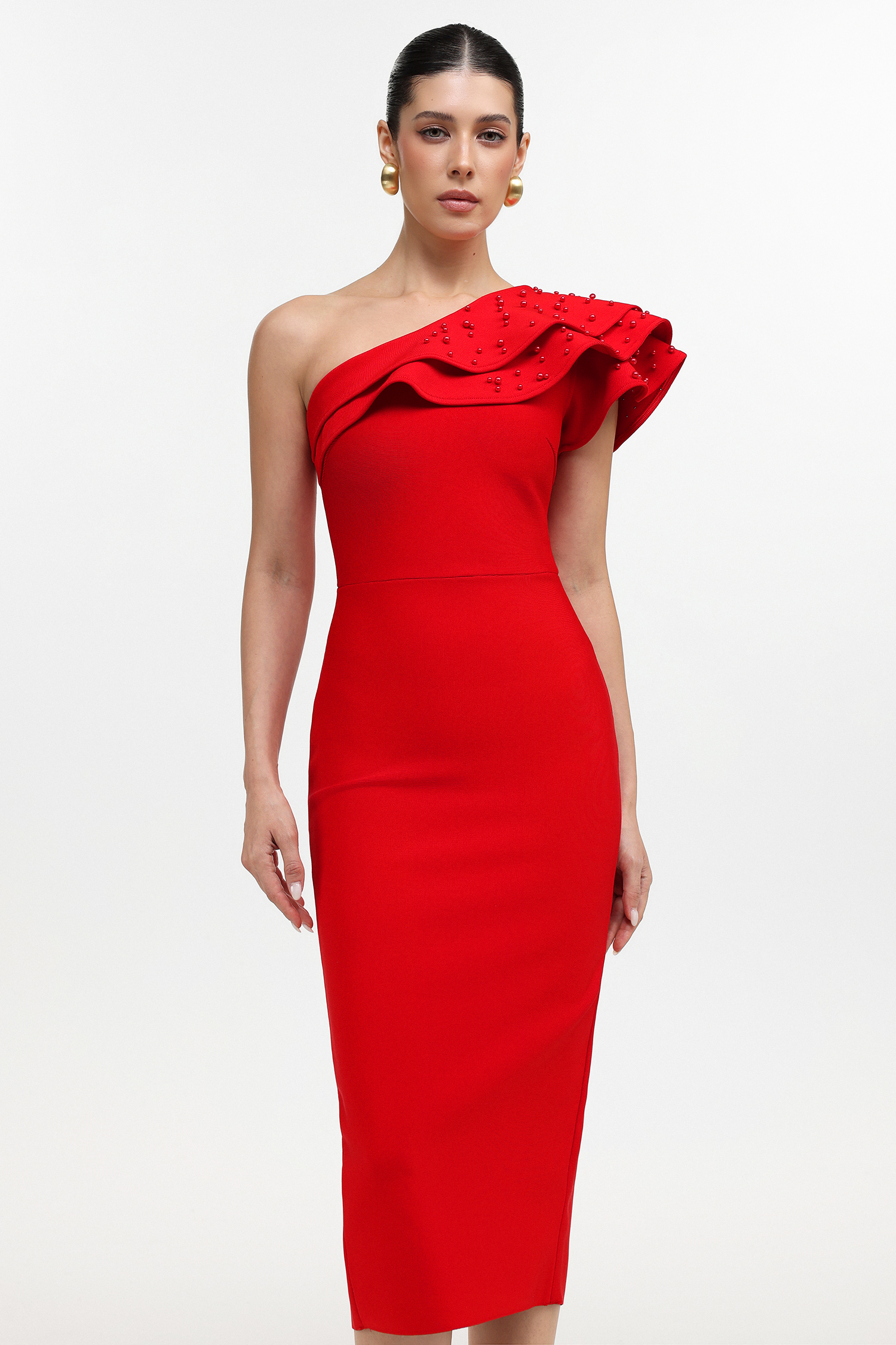 Xiacly Glamorous Contour One Shoulder Beaded Ruffle Bandage Maxi Dress