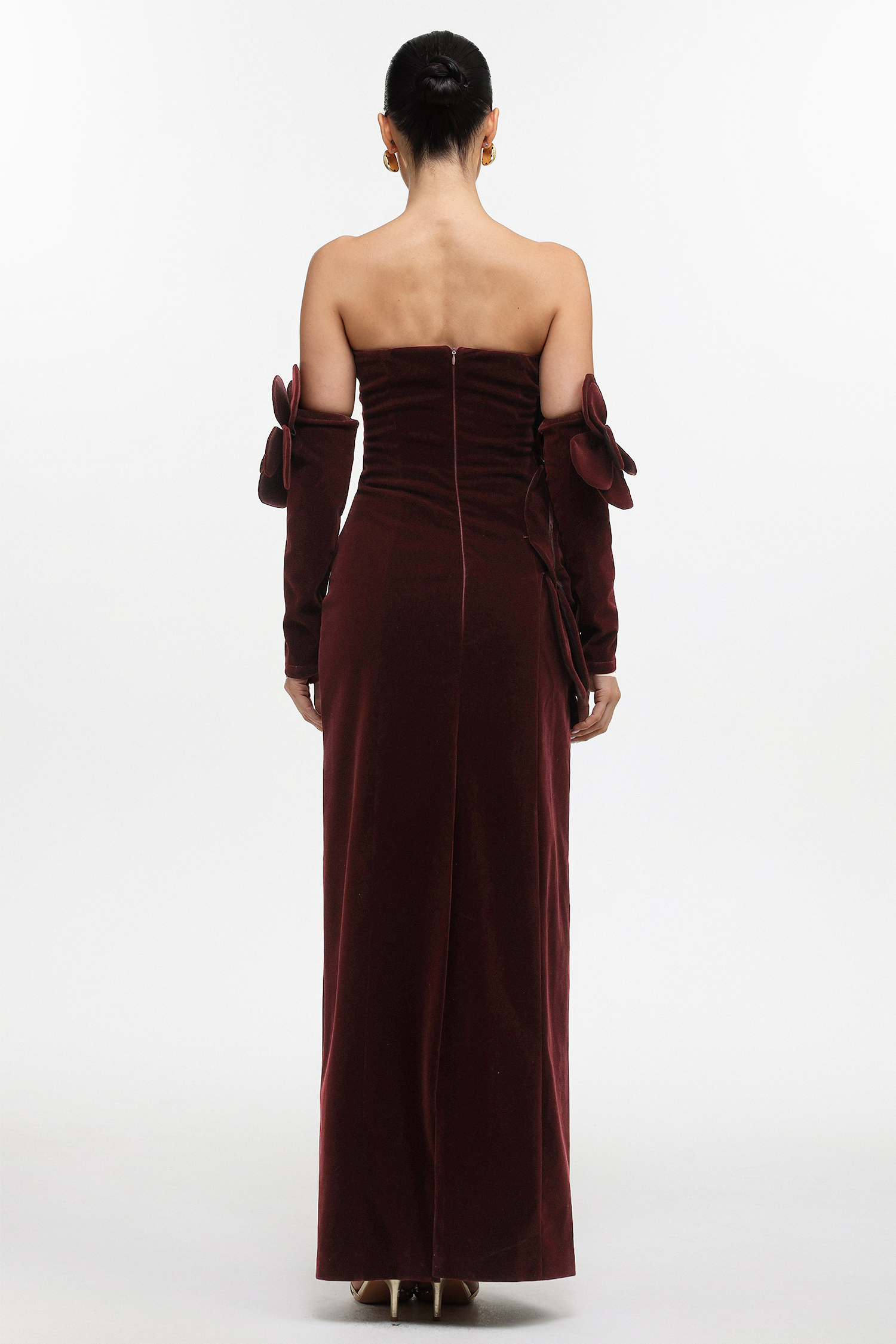 Okama Classic Tailored Strapless Floral Velvet Maxi Dress