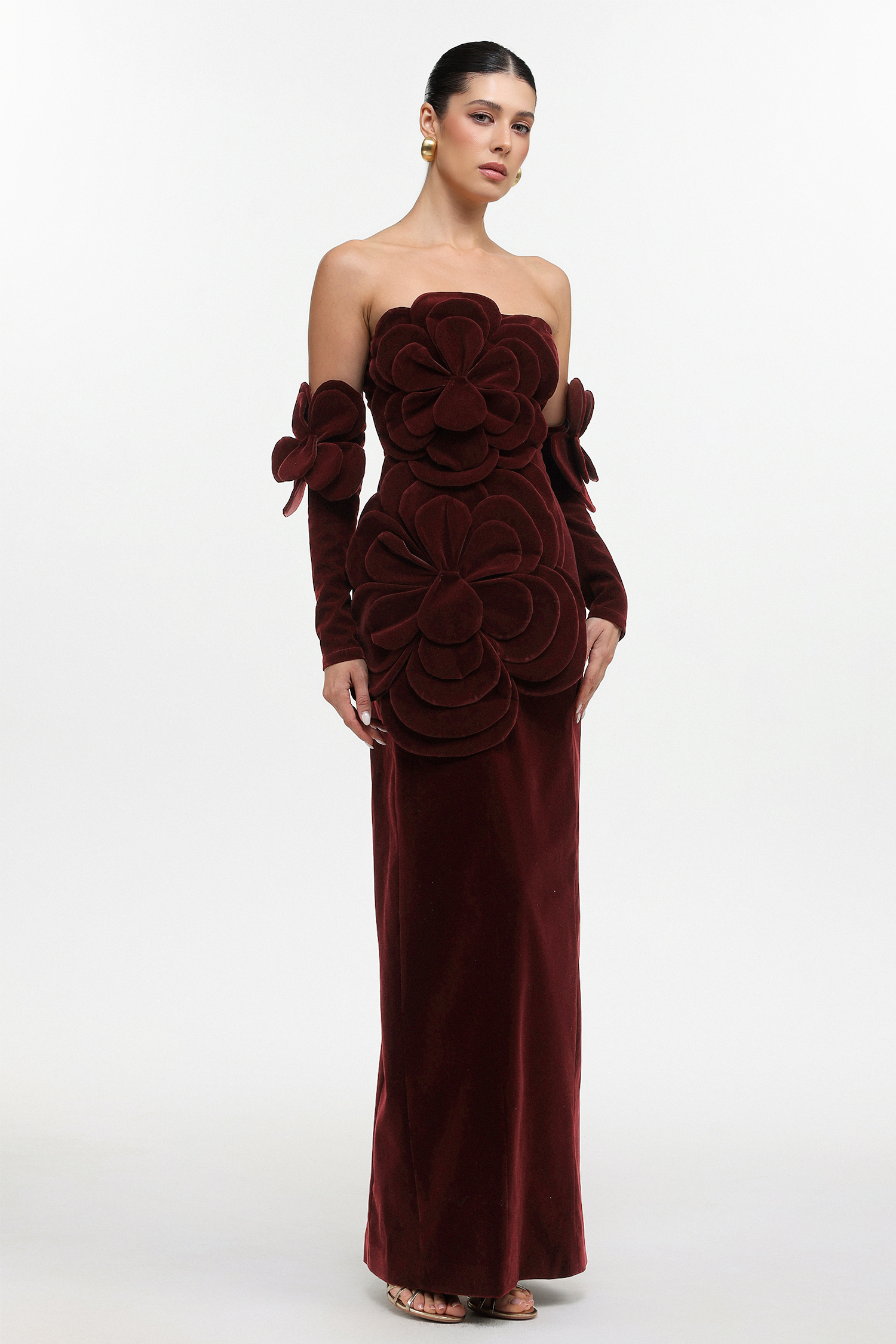 Okama Classic Tailored Strapless Floral Velvet Maxi Dress