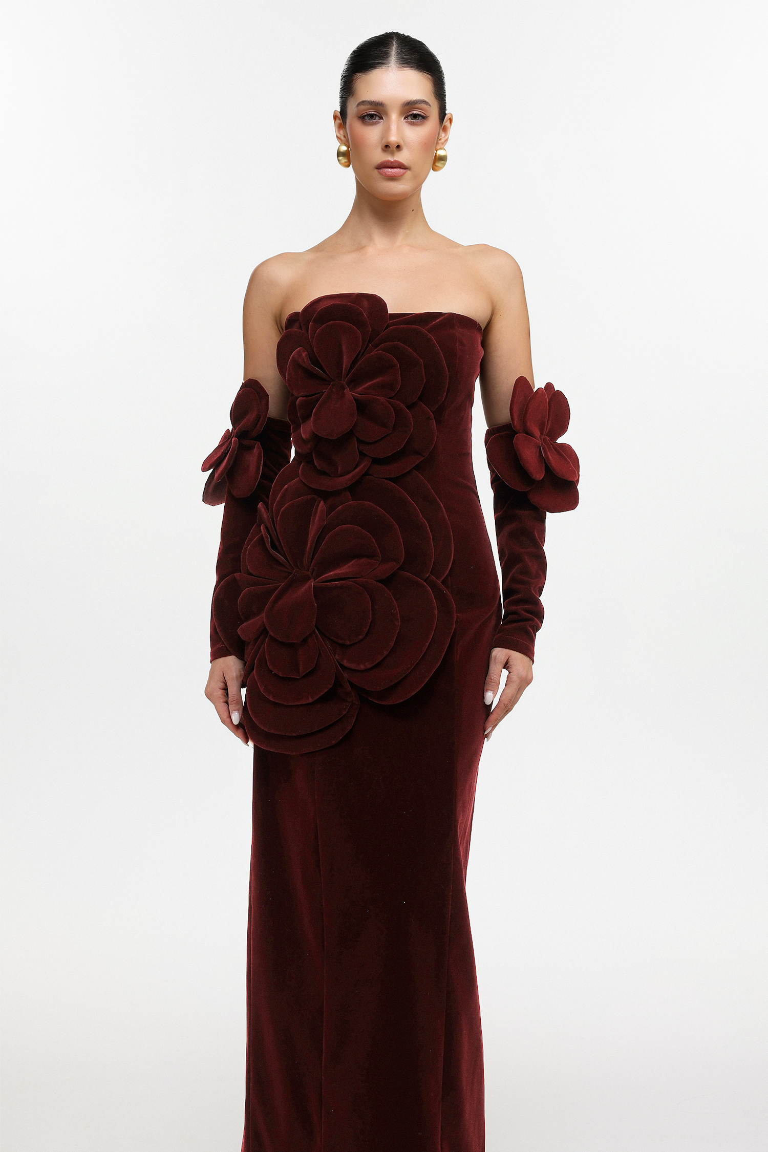 Okama Classic Tailored Strapless Floral Velvet Maxi Dress