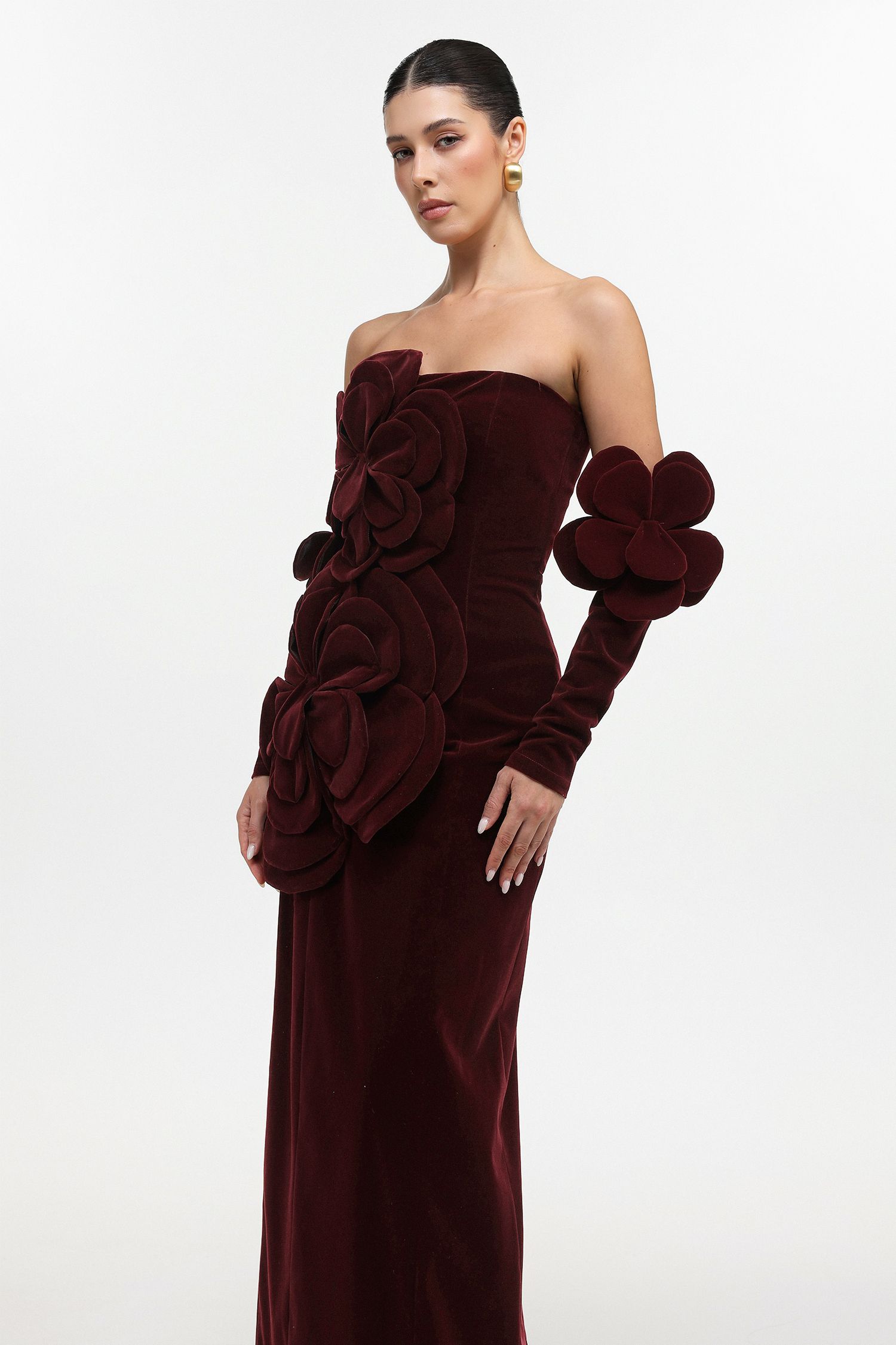 Okama Classic Tailored Strapless Floral Velvet Maxi Dress