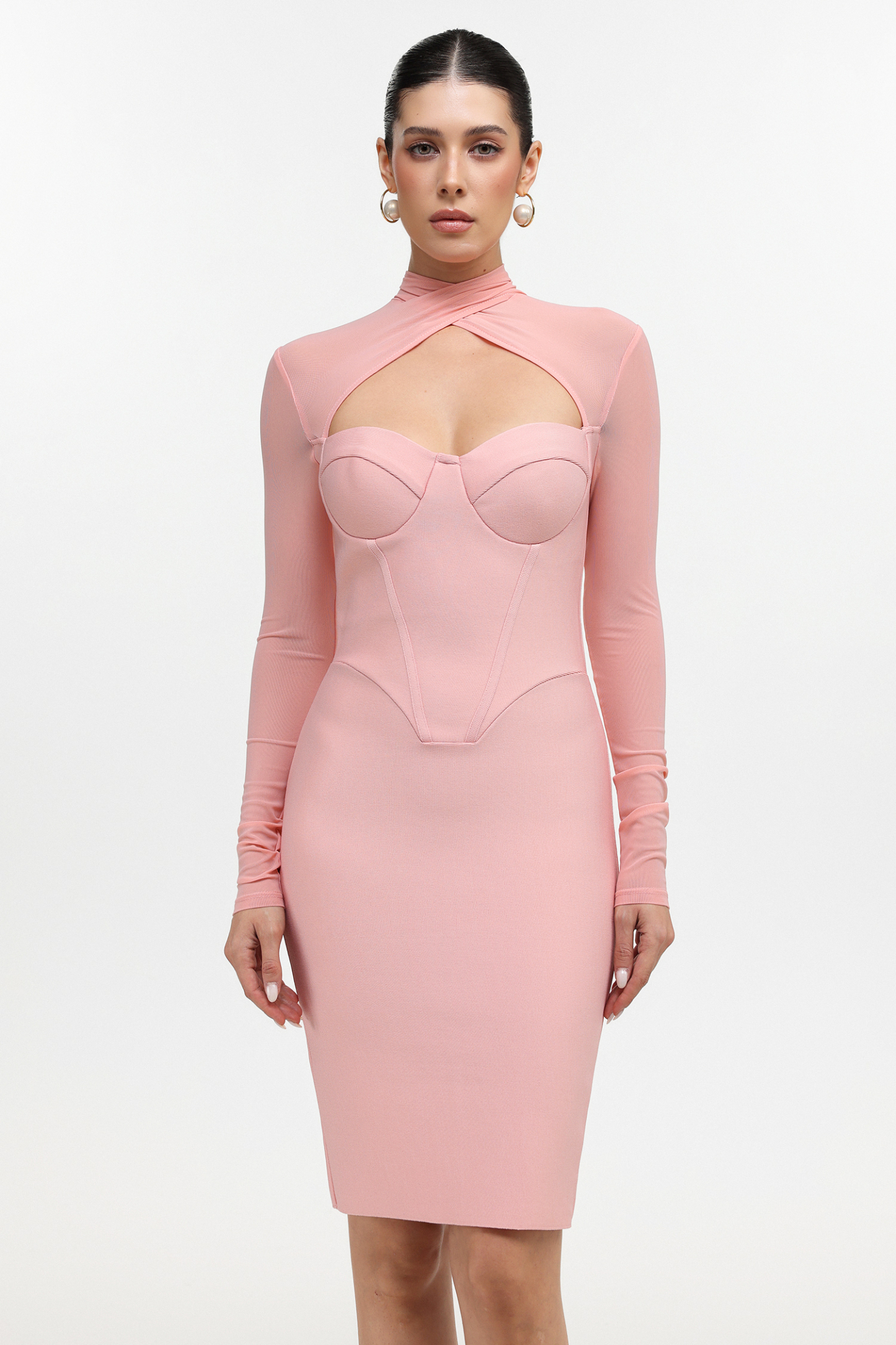 Jikia Romantic Contour Mesh Sleeve Bandage Midi Dress