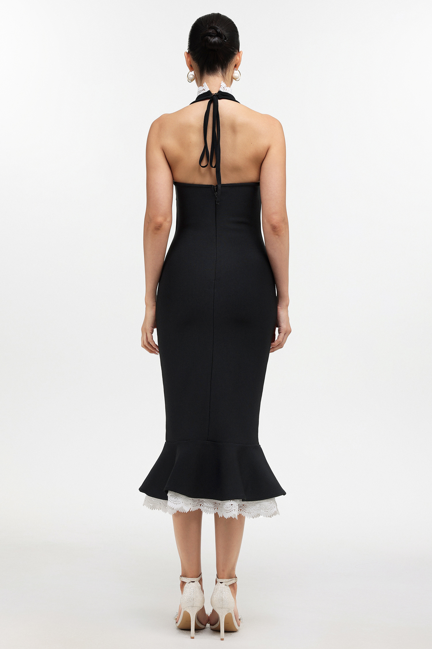 Miranda Romantic Contour Halter Button Front Lace Trim Bandage Midi Dress