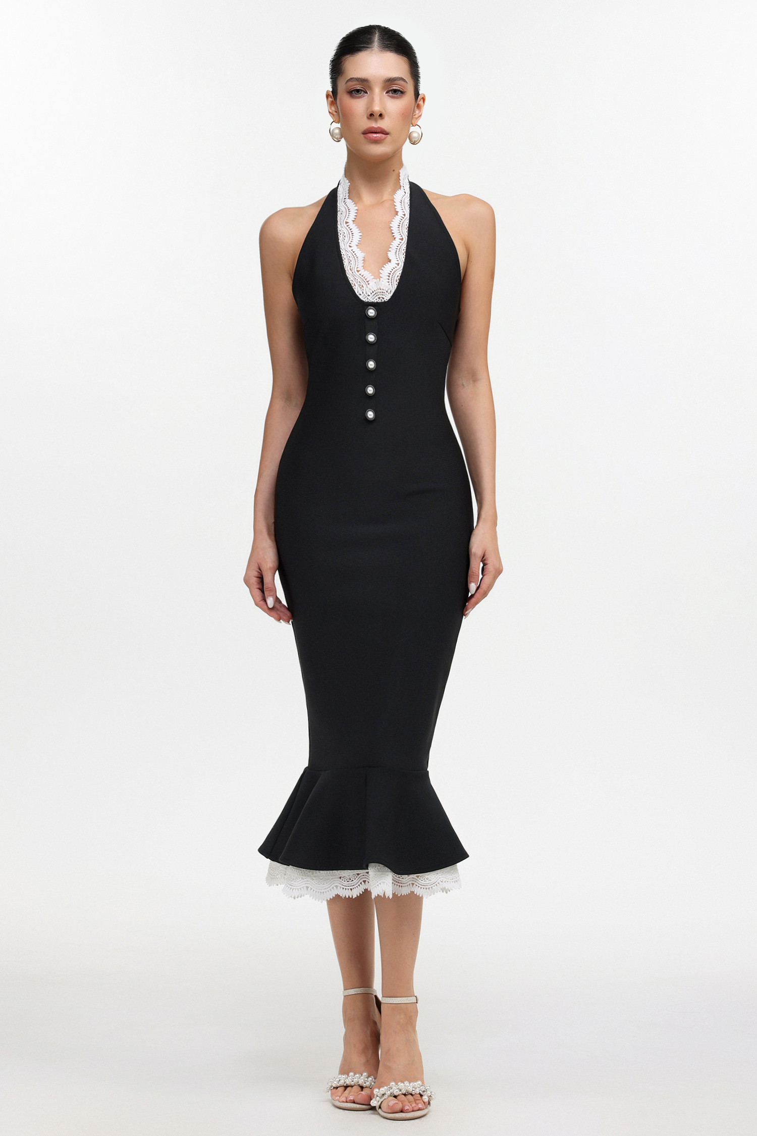 Miranda Romantic Contour Halter Button Front Lace Trim Bandage Midi Dress