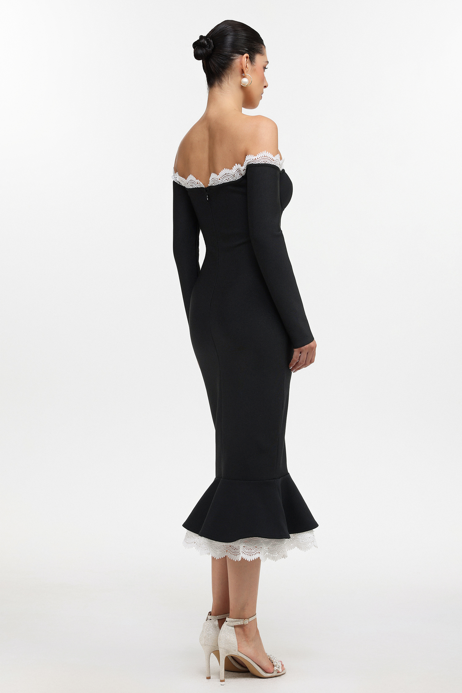 Lousia Romantic Contour Off Shoulder Button Front Lace Trim Bandage Midi Dress