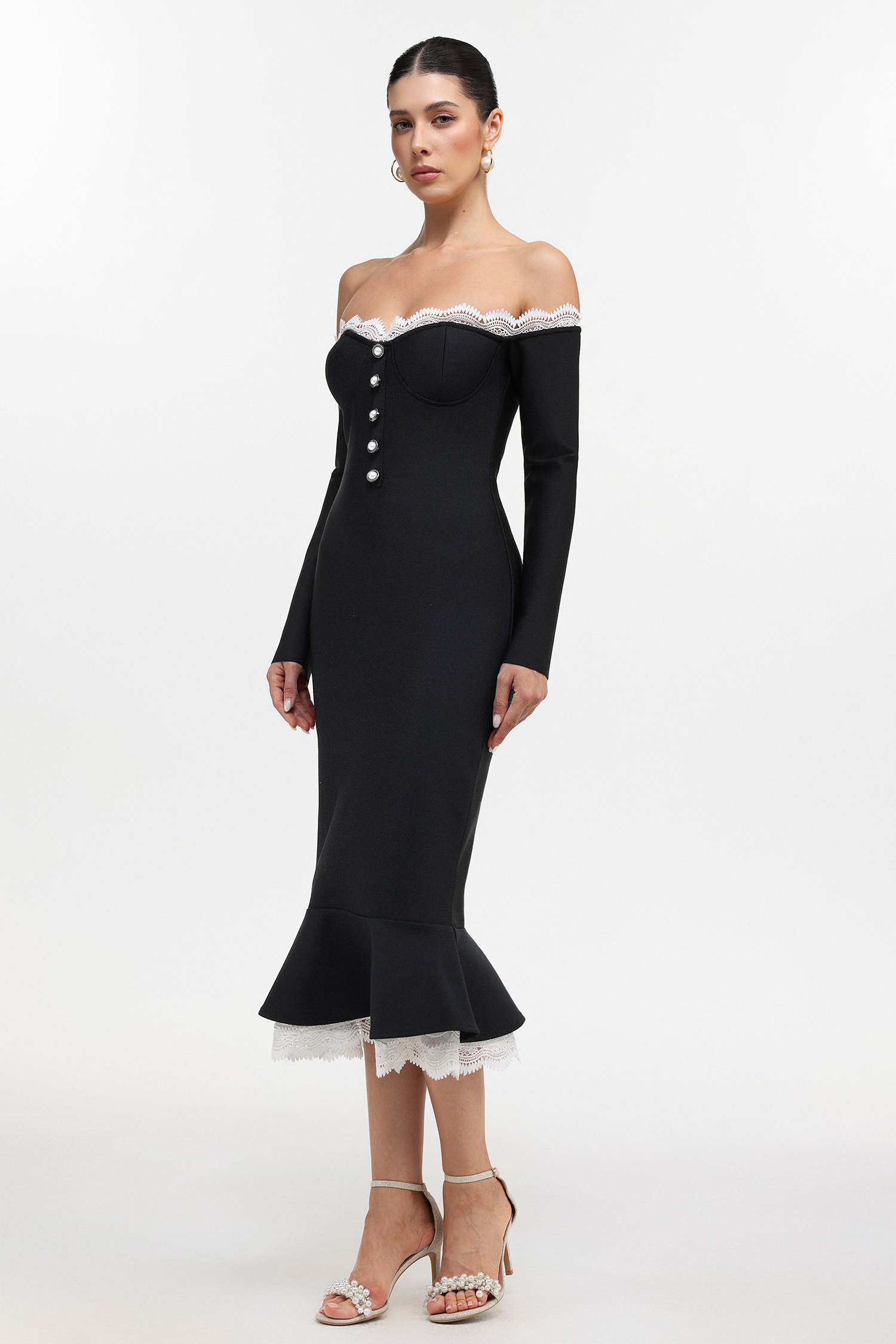 Lousia Romantic Contour Off Shoulder Button Front Lace Trim Bandage Midi Dress