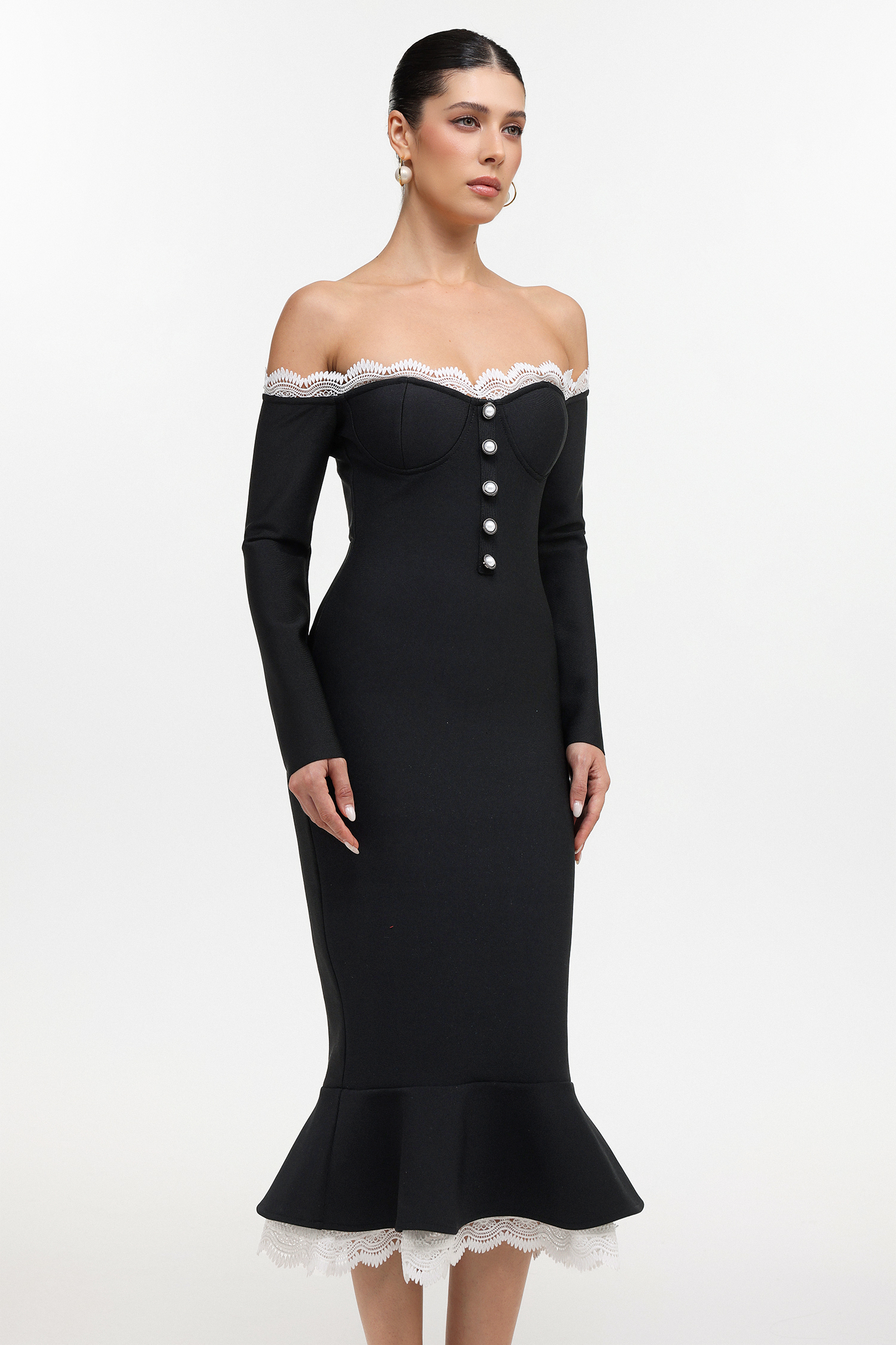 Lousia Romantic Contour Off Shoulder Button Front Lace Trim Bandage Midi Dress