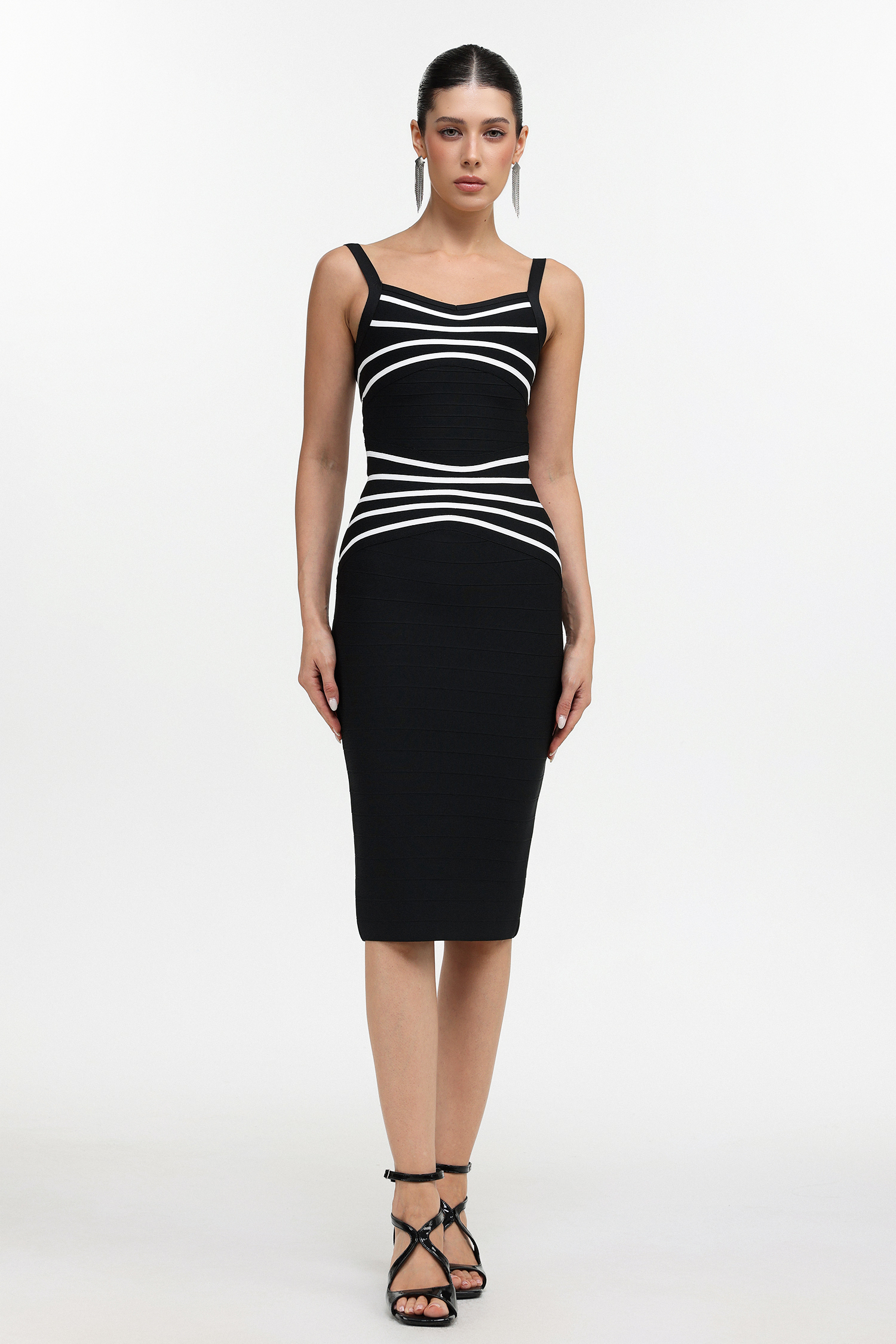 Ririe Chic Contour Sleeveless Contrast Stripe Bandage Midi Dress
