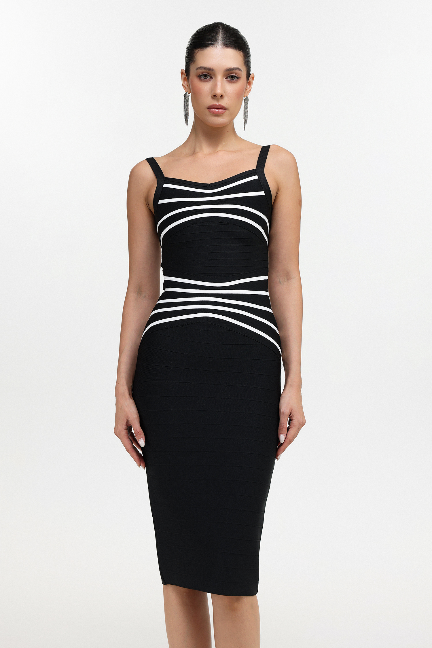 Ririe Chic Contour Sleeveless Contrast Stripe Bandage Midi Dress