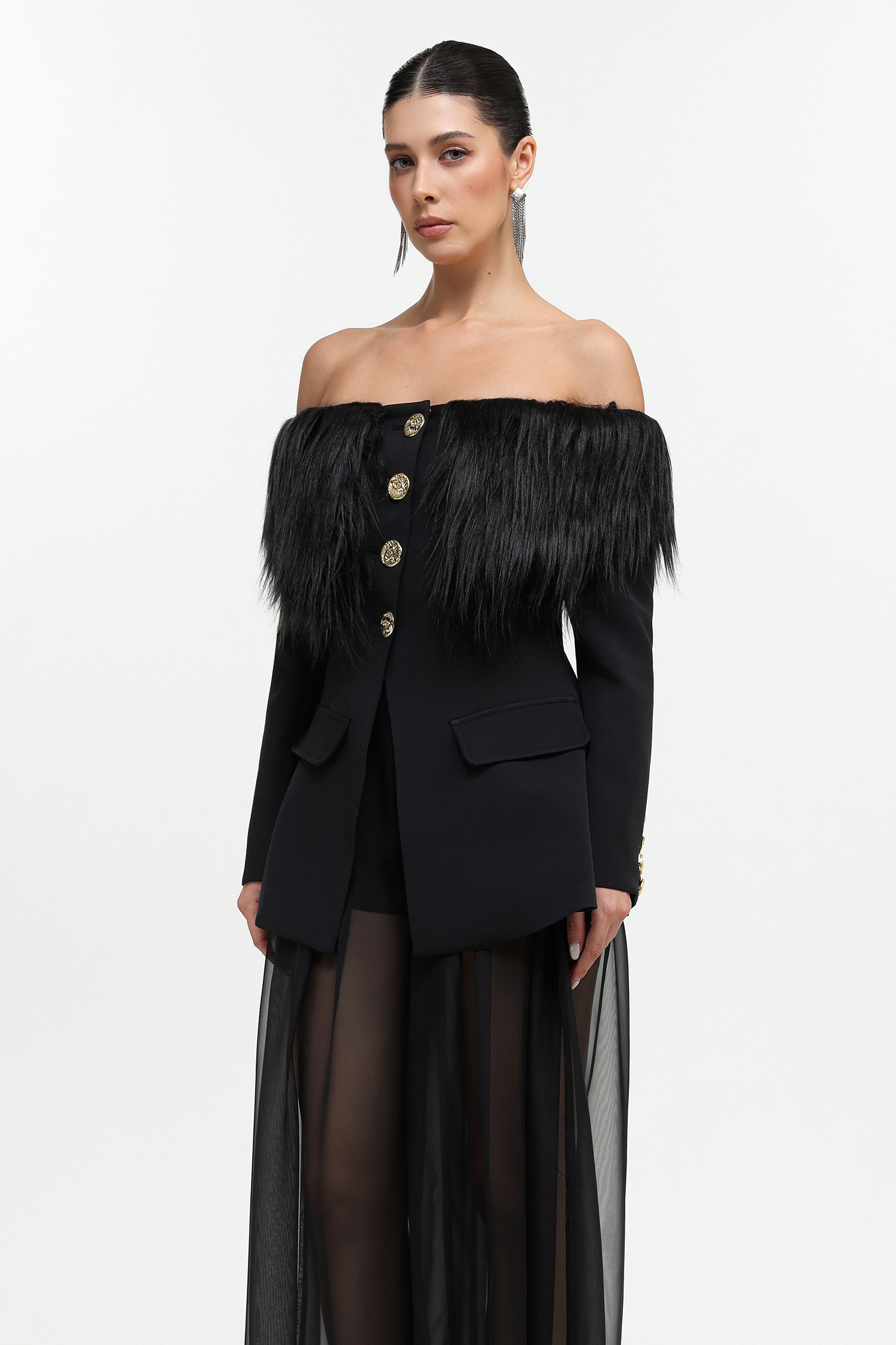 Lerla Glamorous Tailored Off Shoulder Faux Fur Blazer