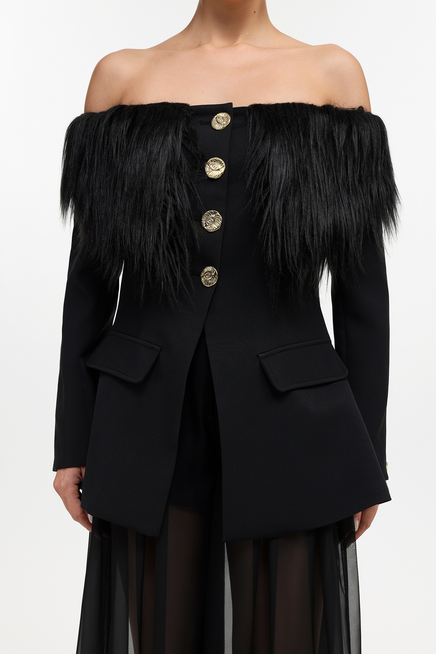 Lerla Glamorous Tailored Off Shoulder Faux Fur Blazer