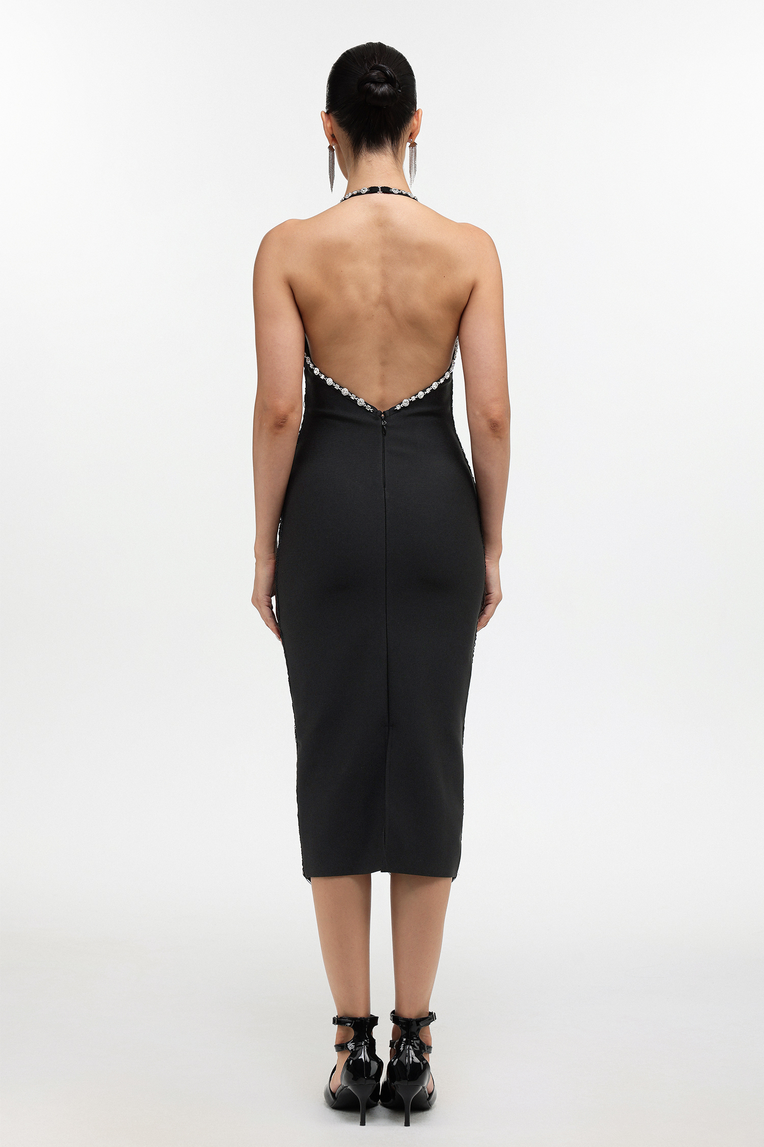 Telka Chic Contour V Neck Fringe Rhinestone Bandage Midi Dress