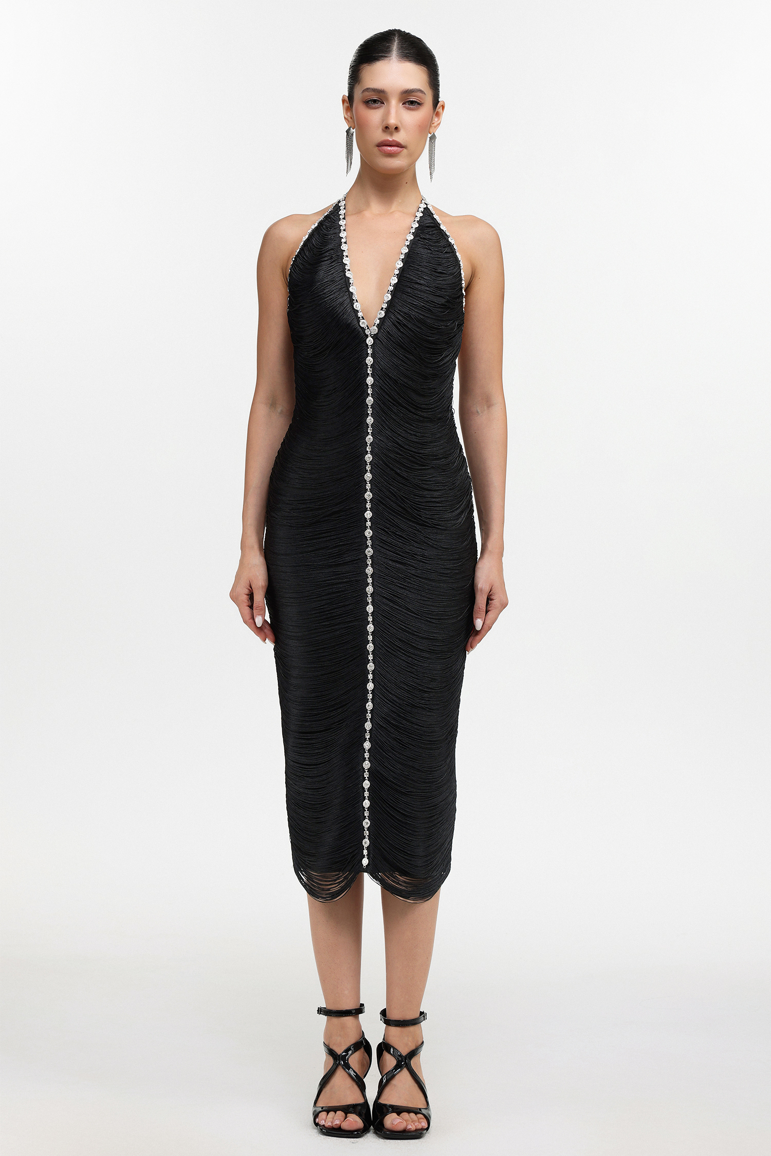 Telka Chic Contour V Neck Fringe Rhinestone Bandage Midi Dress