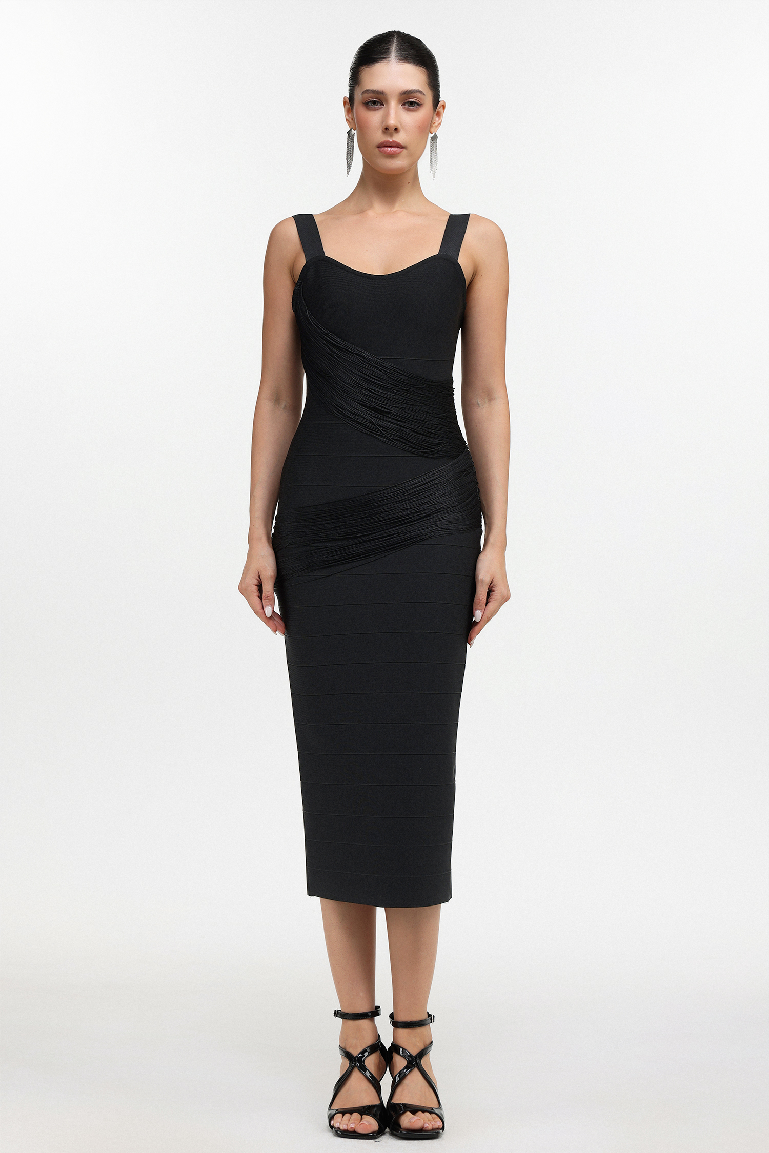 Dasaka Classic Contour Sleeveless Fringe Bandage Maxi Dress