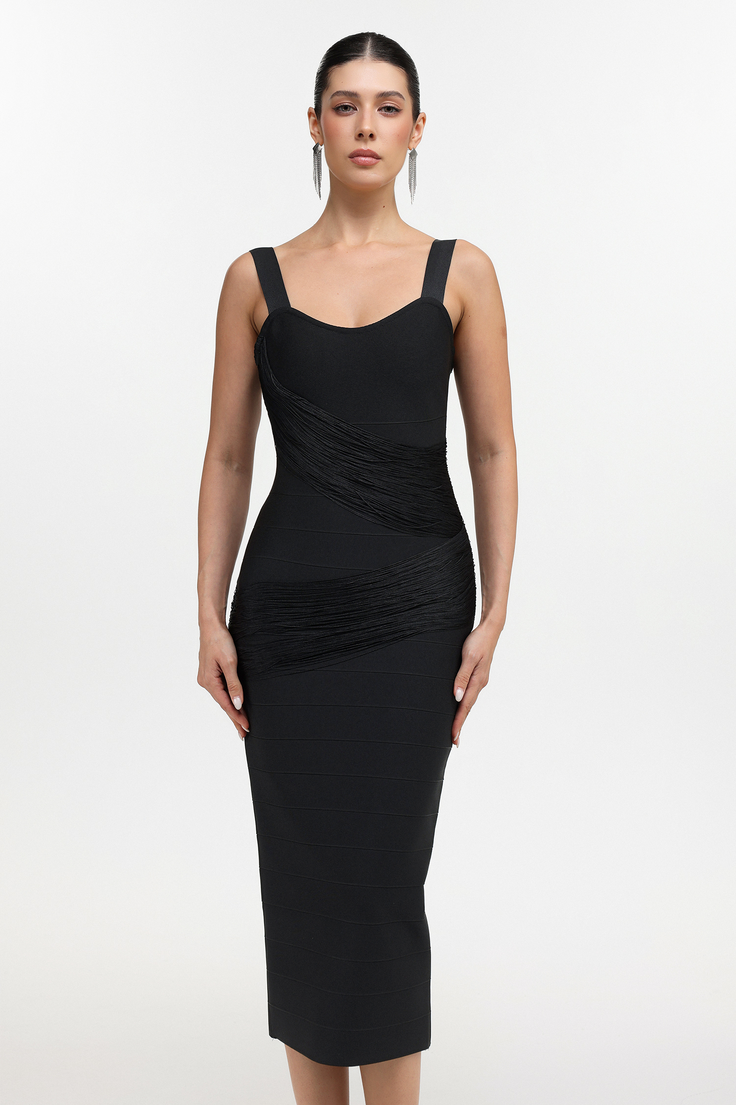 Dasaka Classic Contour Sleeveless Fringe Bandage Maxi Dress