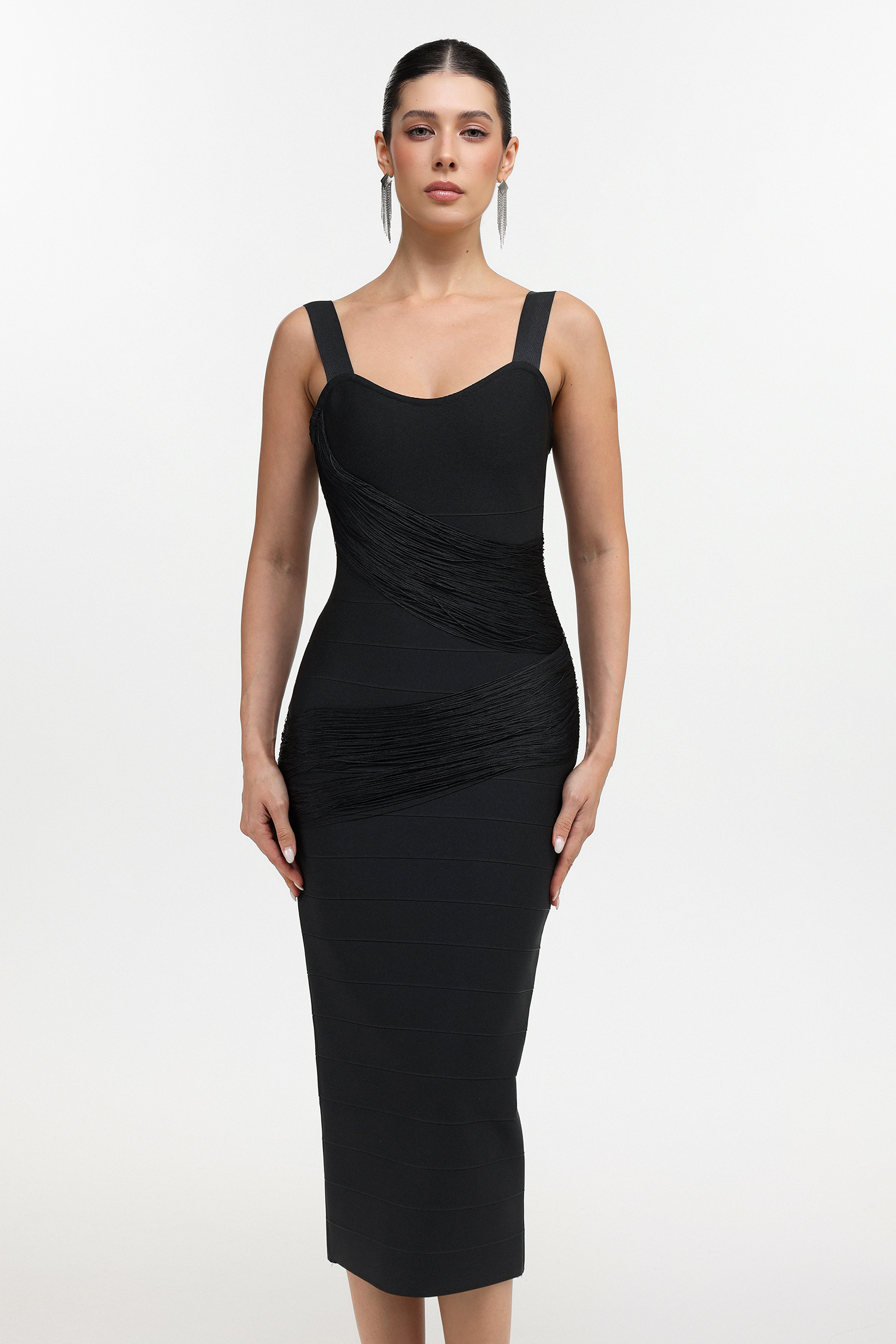 Dasaka Classic Contour Sleeveless Fringe Bandage Maxi Dress