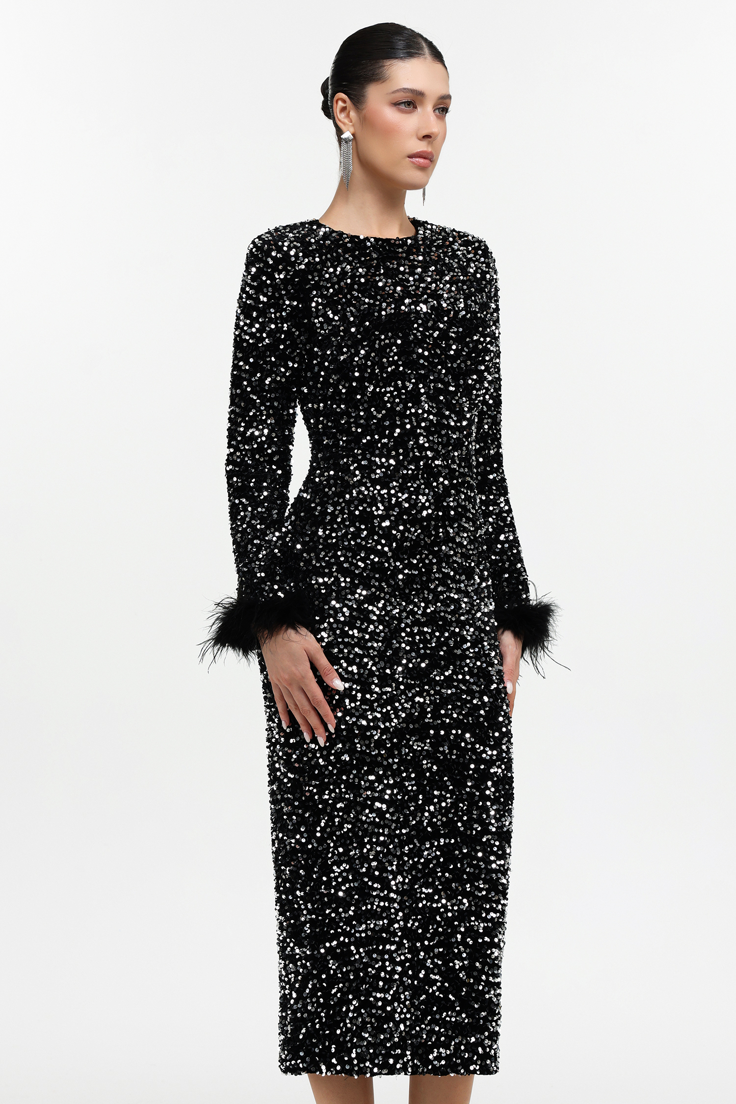 Lilian Glamorous Contour Long Sleeve Sequin Black Maxi Dress