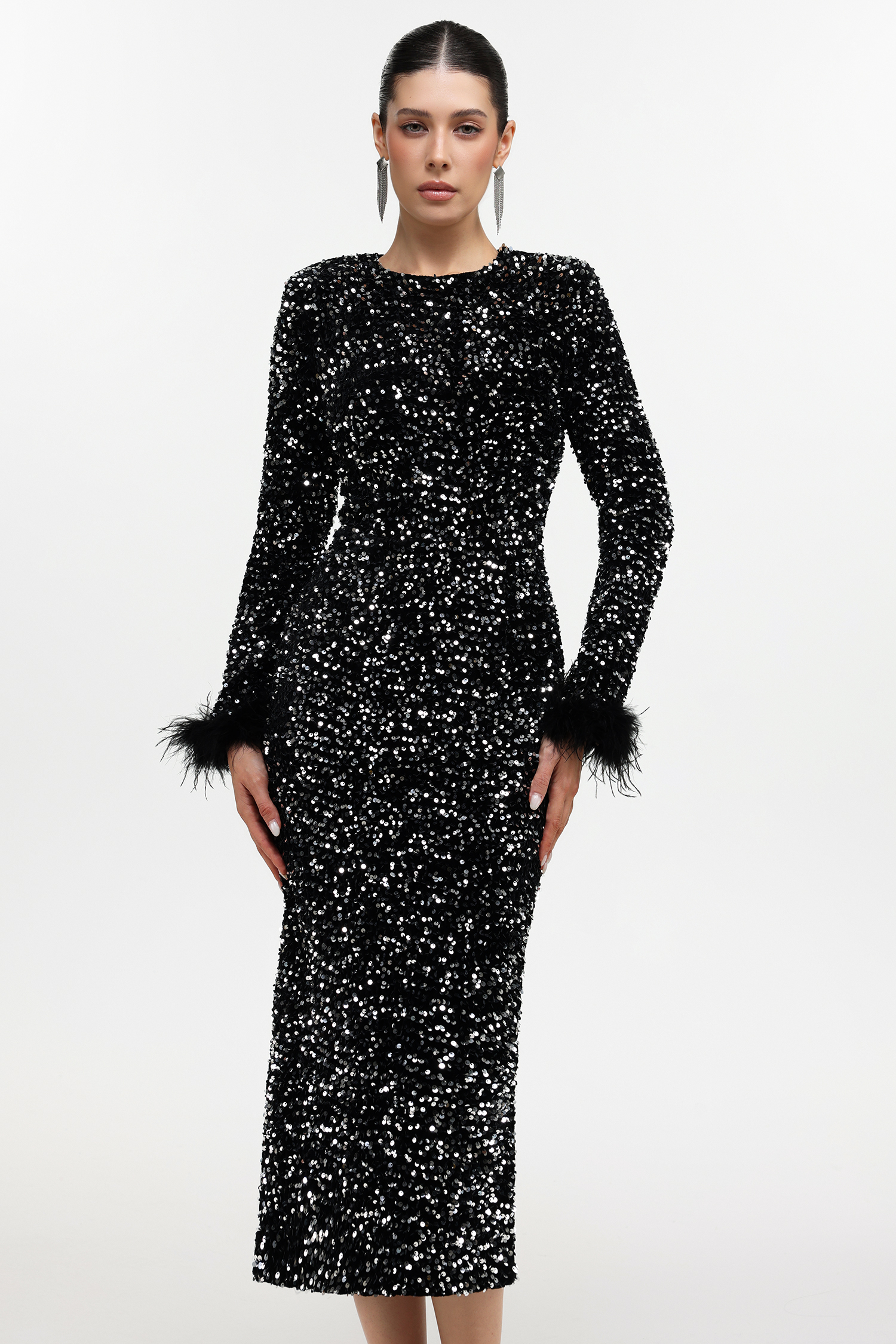 Lilian Glamorous Contour Long Sleeve Sequin Black Maxi Dress