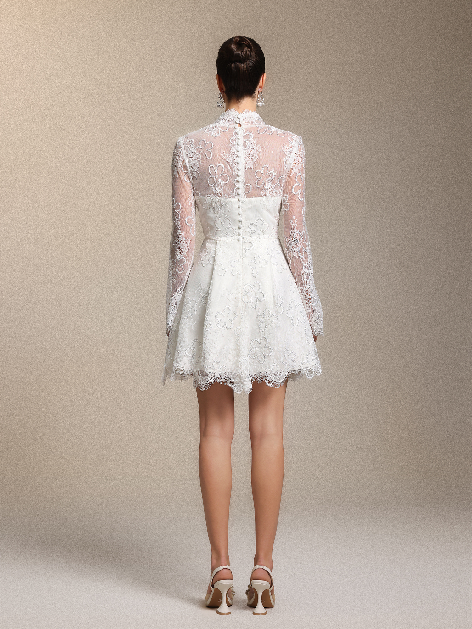 Irare Romantic V Neck Long Sleeve Cinched Waist White Lace Mini Dress