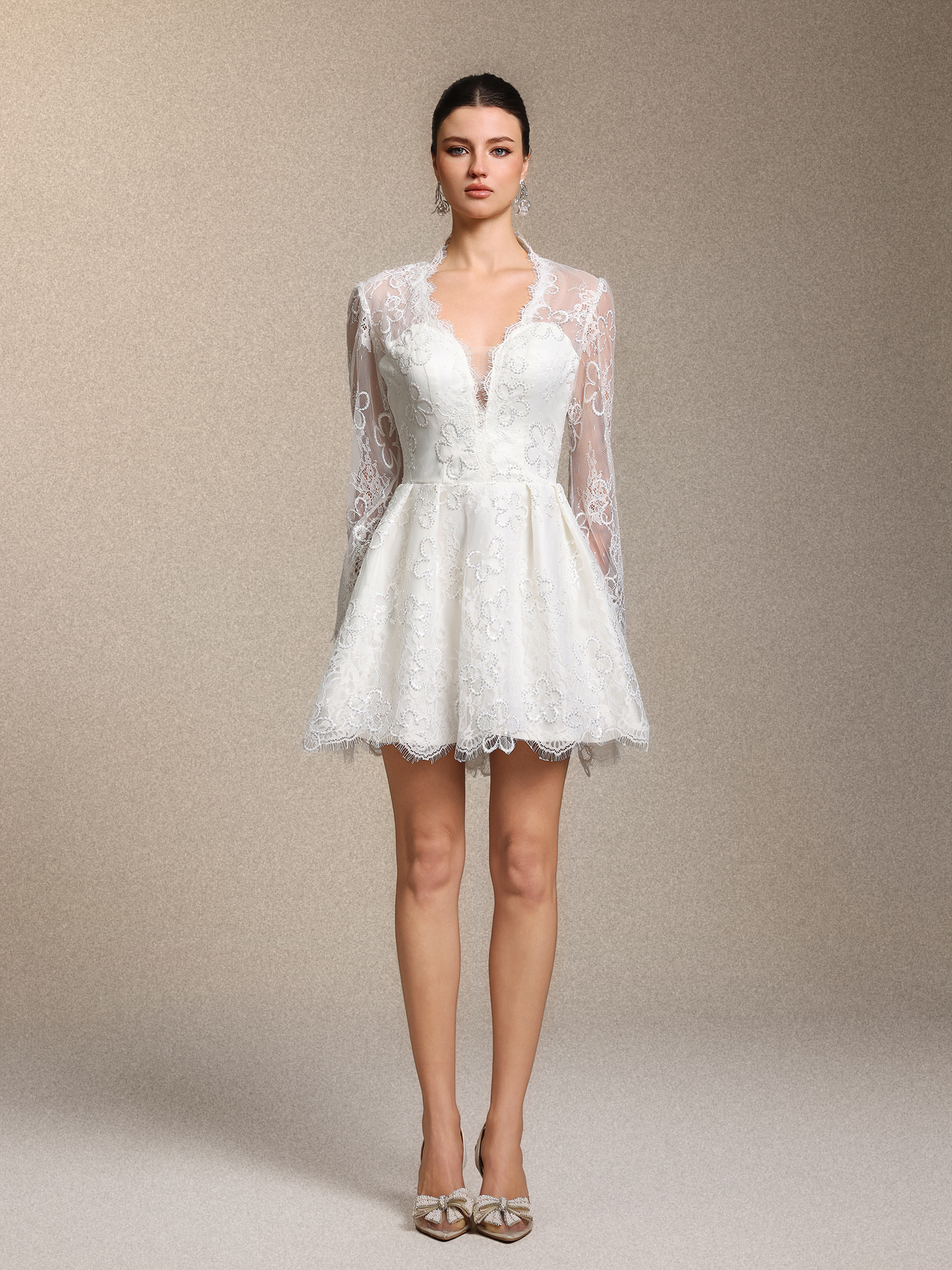 Irare Romantic V Neck Long Sleeve Cinched Waist White Lace Mini Dress