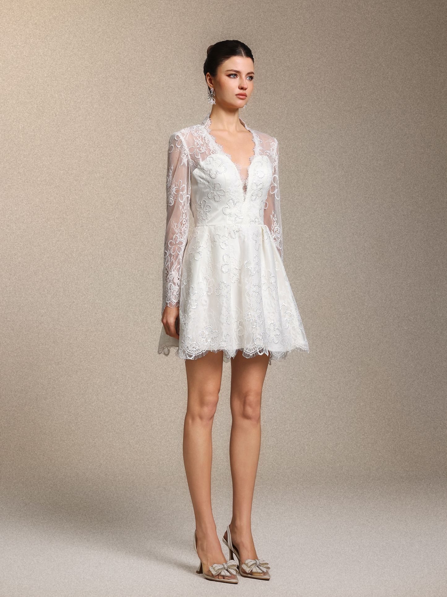 Irare Romantic V Neck Long Sleeve Cinched Waist White Lace Mini Dress