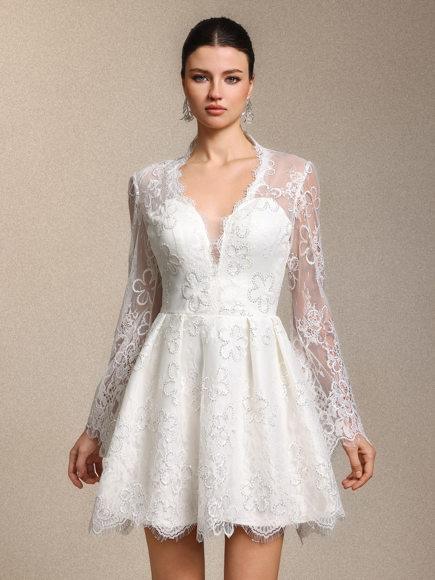 Irare Romantic V Neck Long Sleeve Cinched Waist White Lace Mini Dress