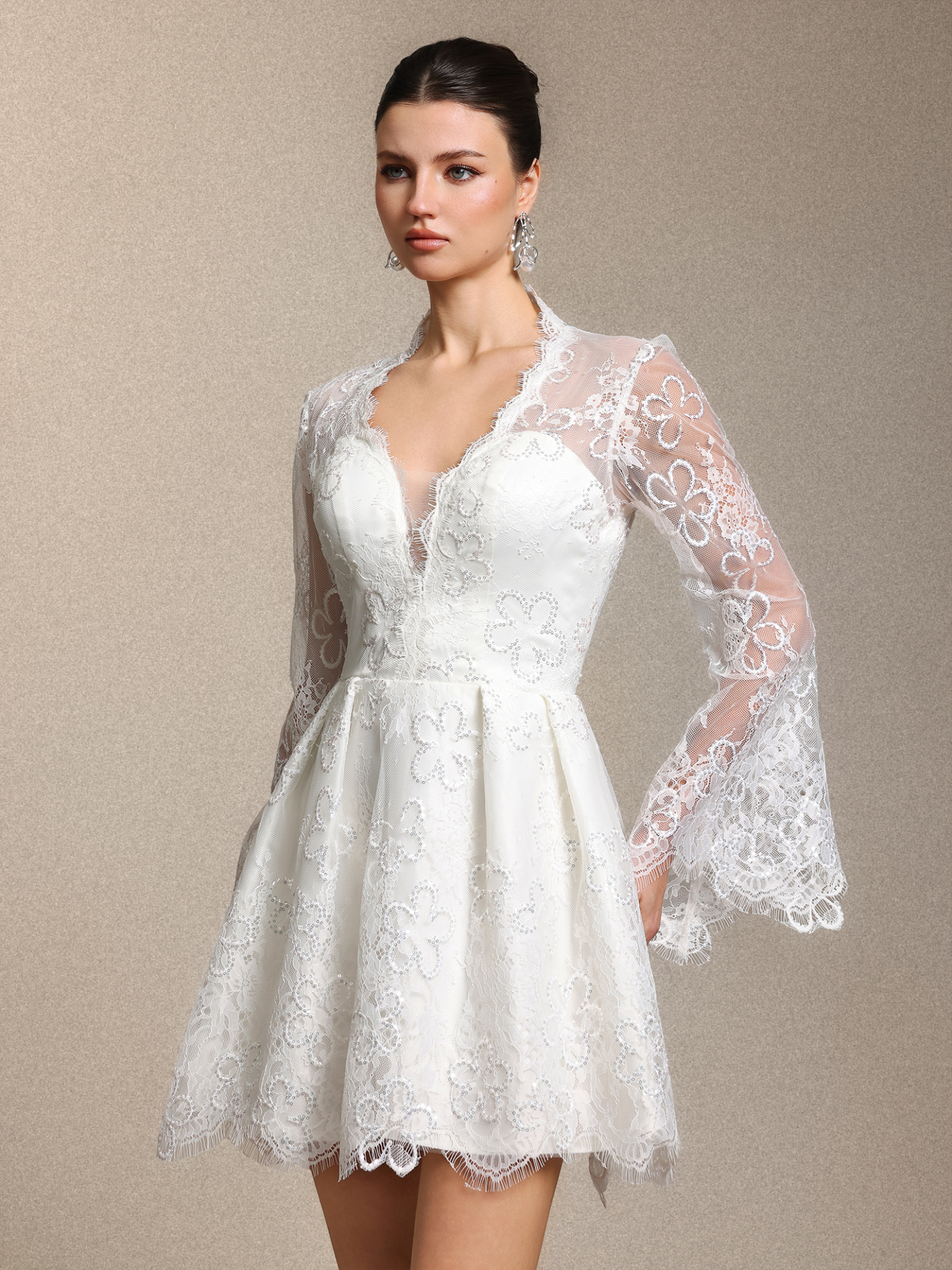 Irare Romantic V Neck Long Sleeve Cinched Waist White Lace Mini Dress