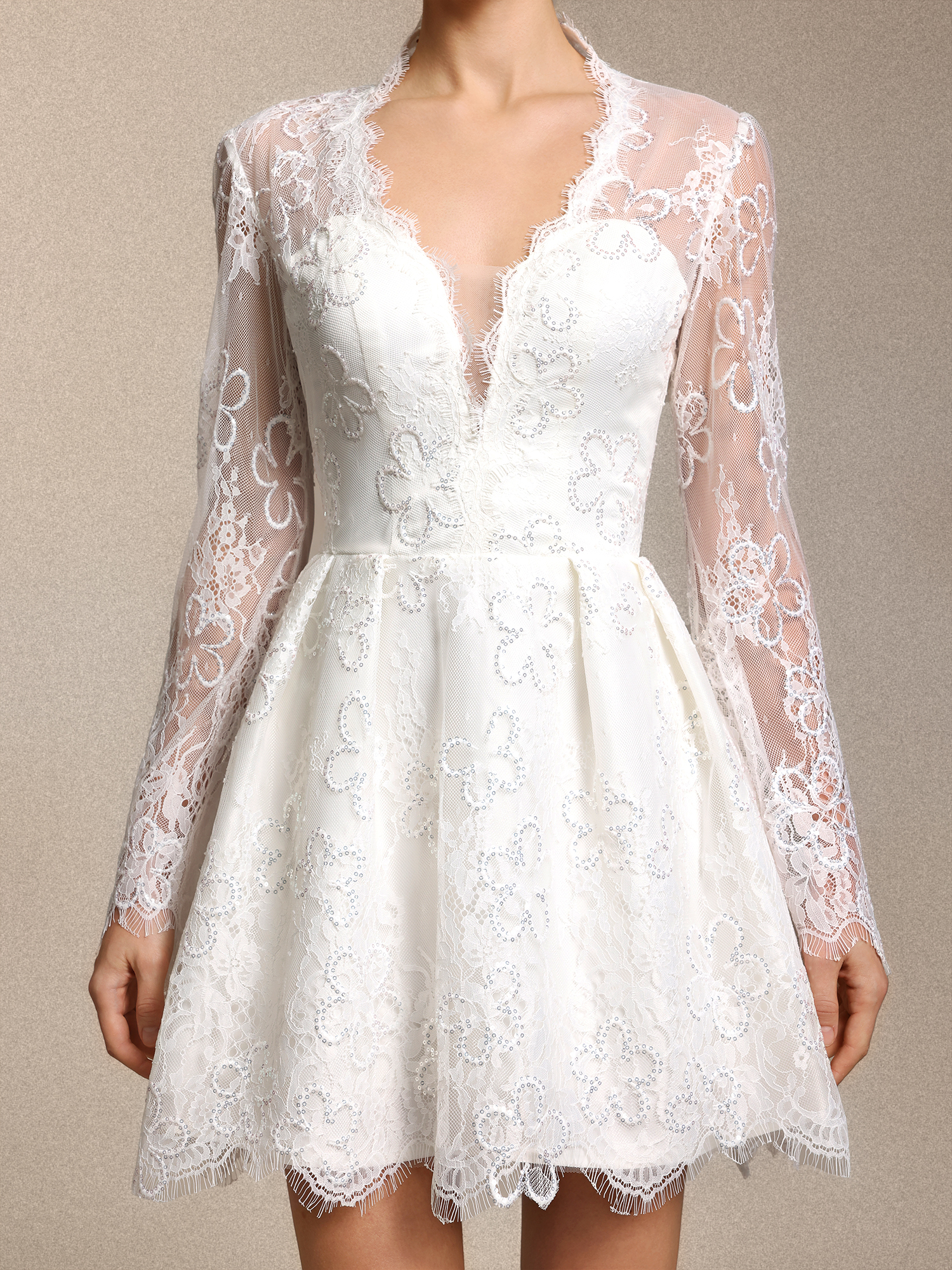 Irare Romantic V Neck Long Sleeve Cinched Waist White Lace Mini Dress