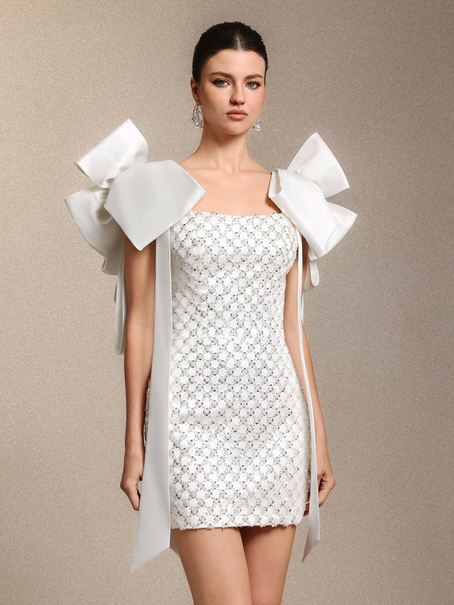 Natasha Chic Curve-enhancing Sequin Beaded Bow White Satin Mini Dress