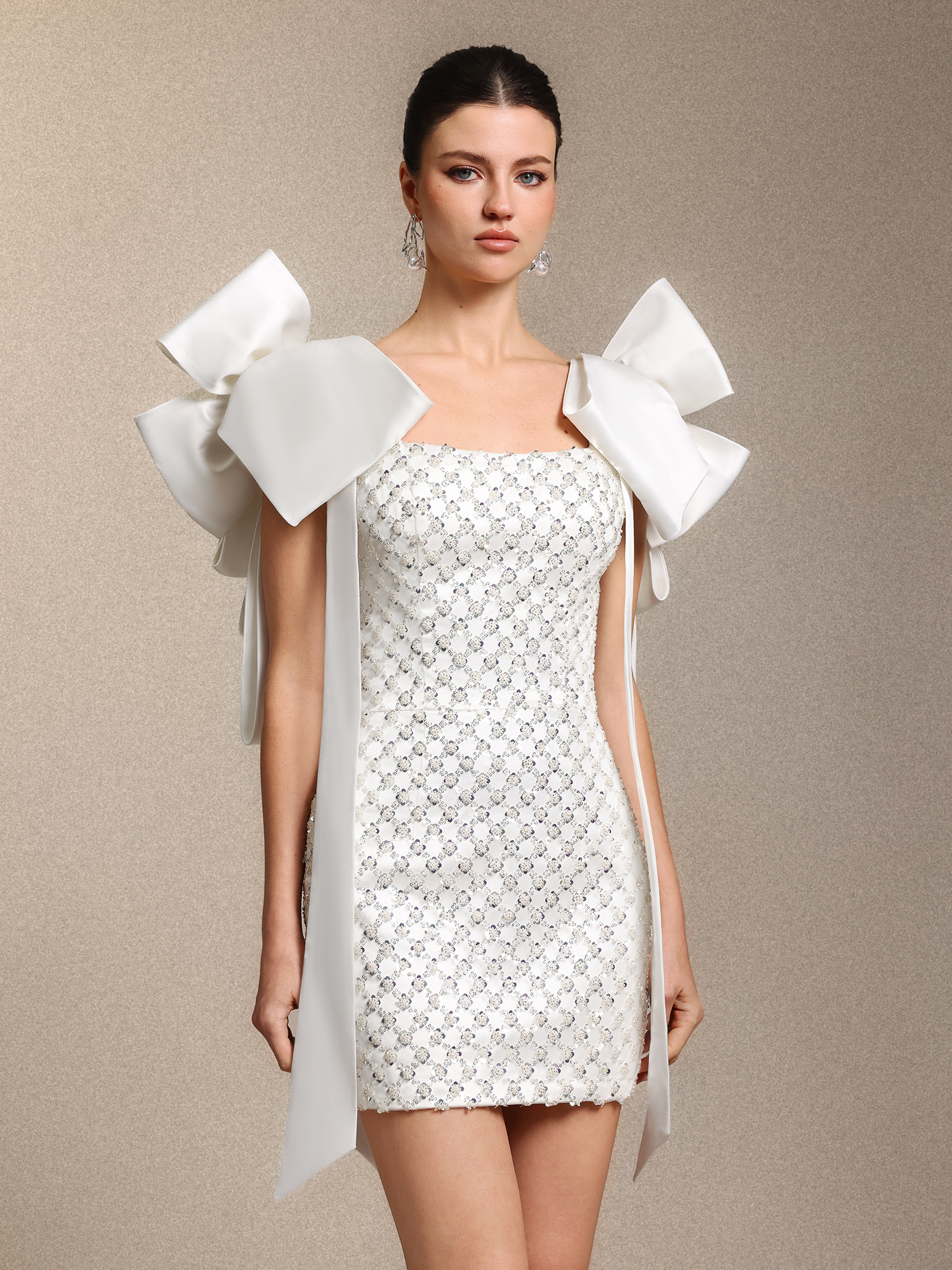 Natasha Chic Curve-enhancing Sequin Beaded Bow White Satin Mini Dress