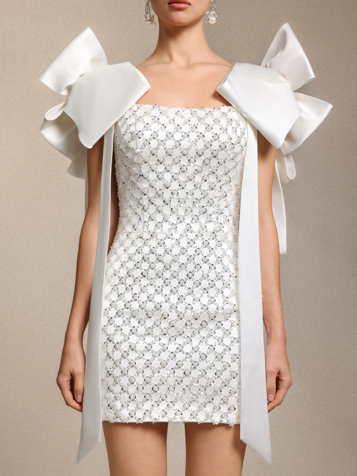 Natasha Chic Curve-enhancing Sequin Beaded Bow White Satin Mini Dress