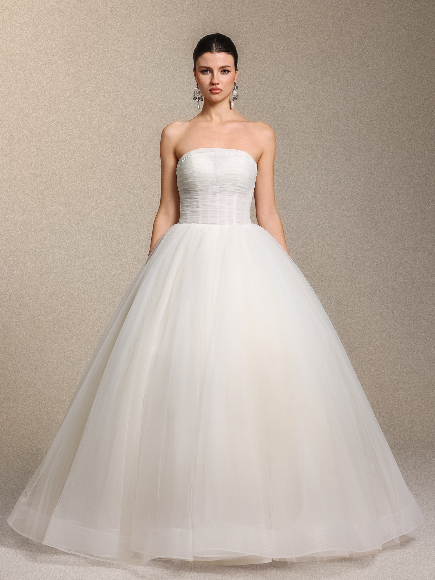 Rury Vintage elegant Strapless Cinched Waist Ruched White Tulle Princess Wedding Gown