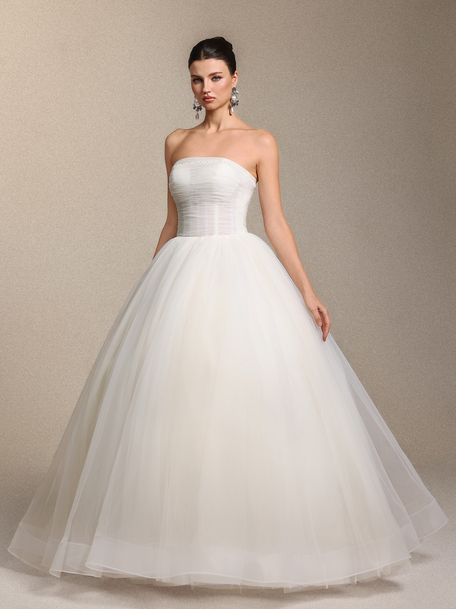 Rury Vintage elegant Strapless Cinched Waist Ruched White Tulle Princess Wedding Gown