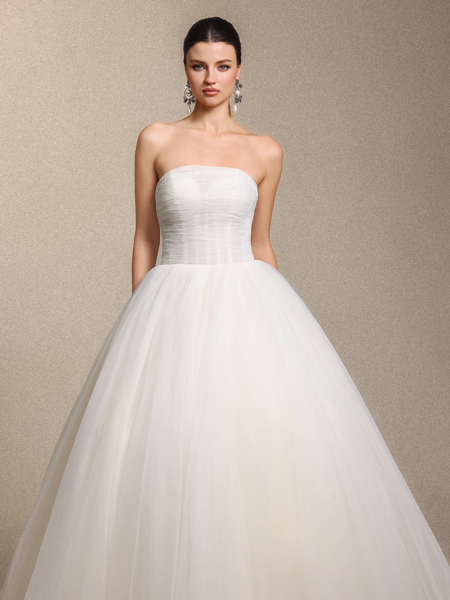 Rury Vintage elegant Strapless Cinched Waist Ruched White Tulle Princess Wedding Gown