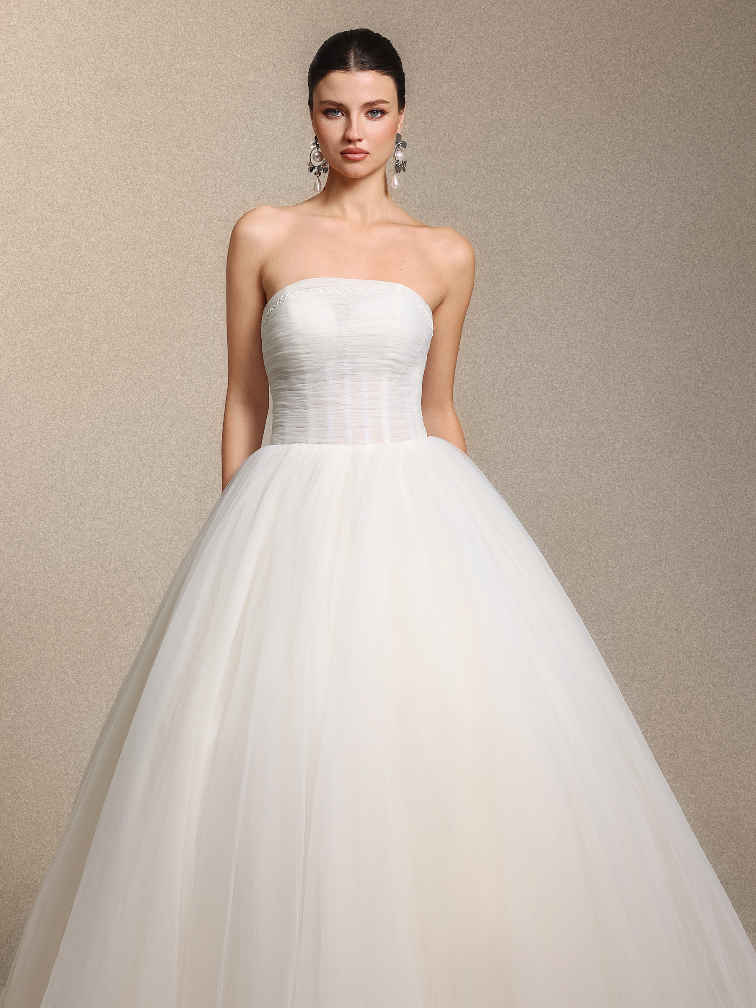 Rury Vintage elegant Strapless Cinched Waist Ruched White Tulle Princess Wedding Gown