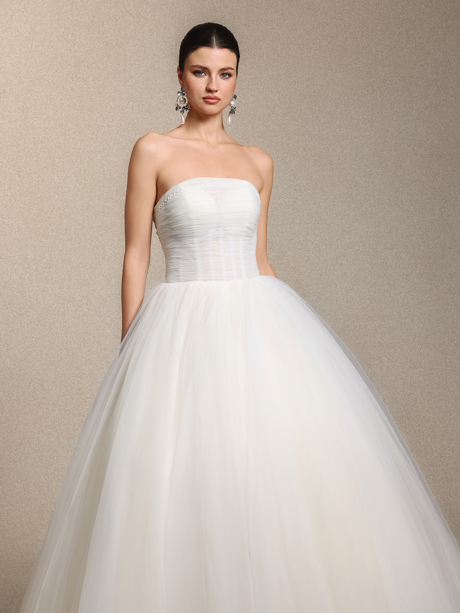 Rury Vintage elegant Strapless Cinched Waist Ruched White Tulle Princess Wedding Gown