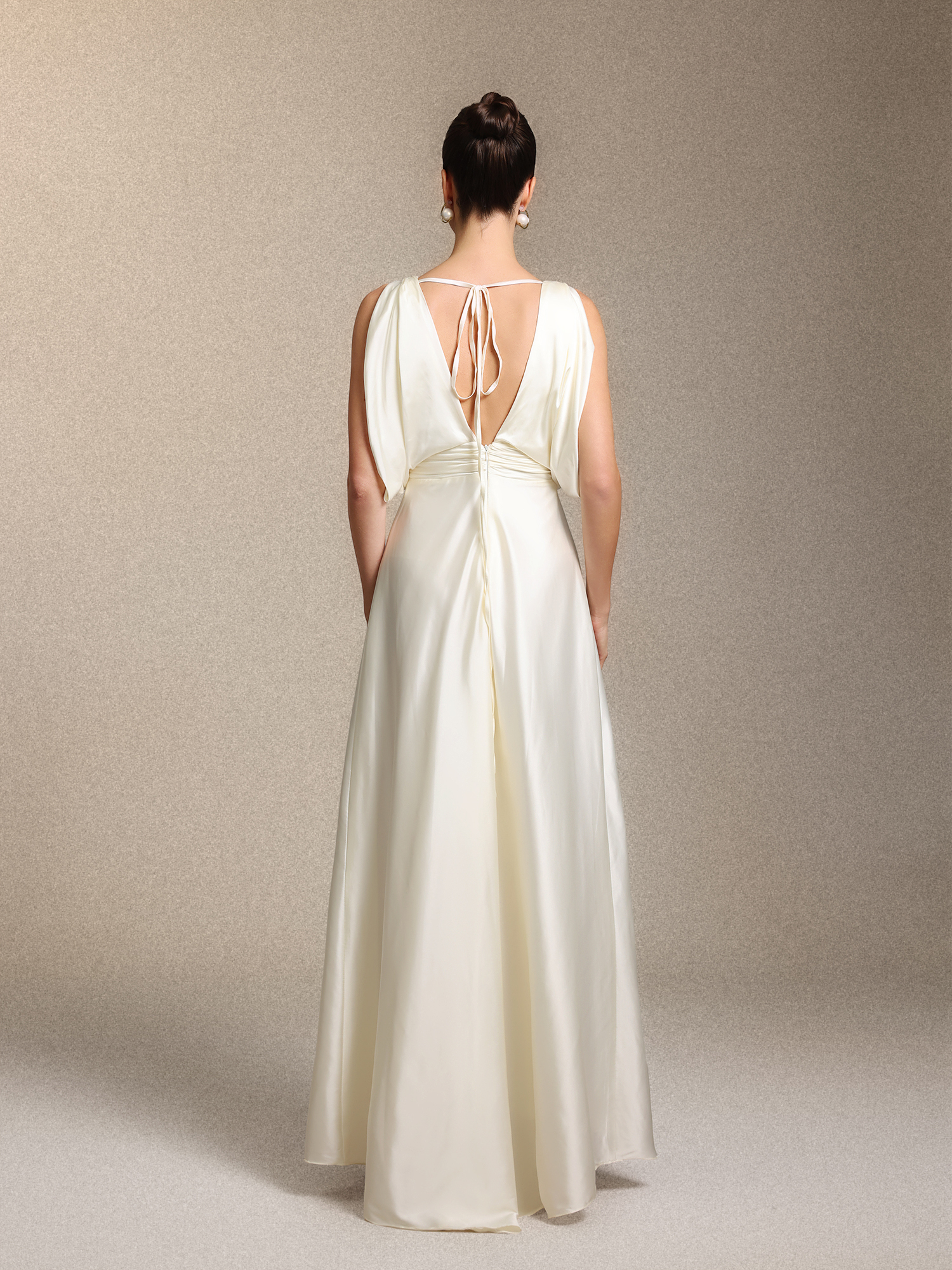 Heleza Elegant V Neck Curve-enhancing Ruched Beige Satin Maxi Dress