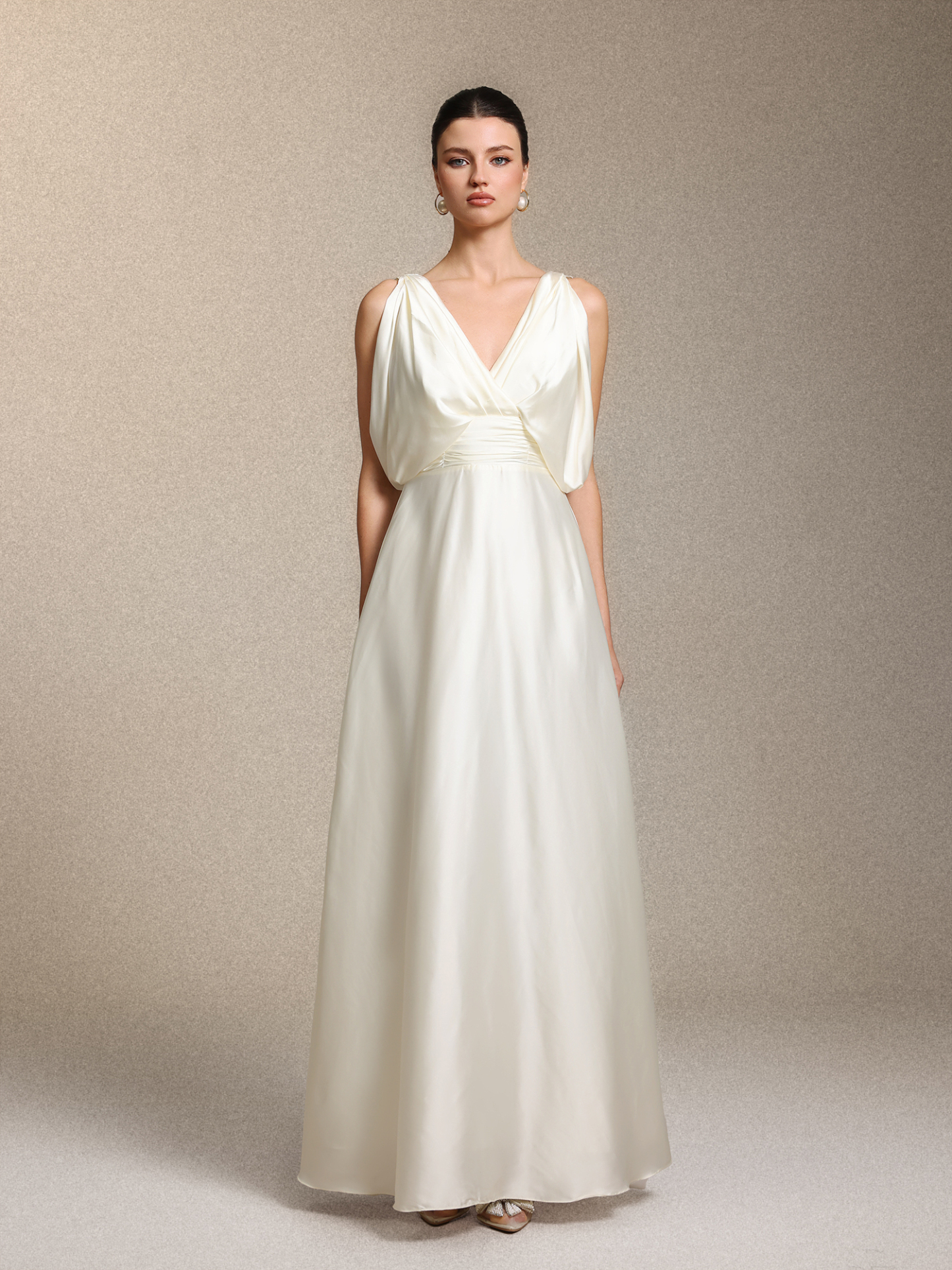 Heleza Elegant V Neck Curve-enhancing Ruched Beige Satin Maxi Dress