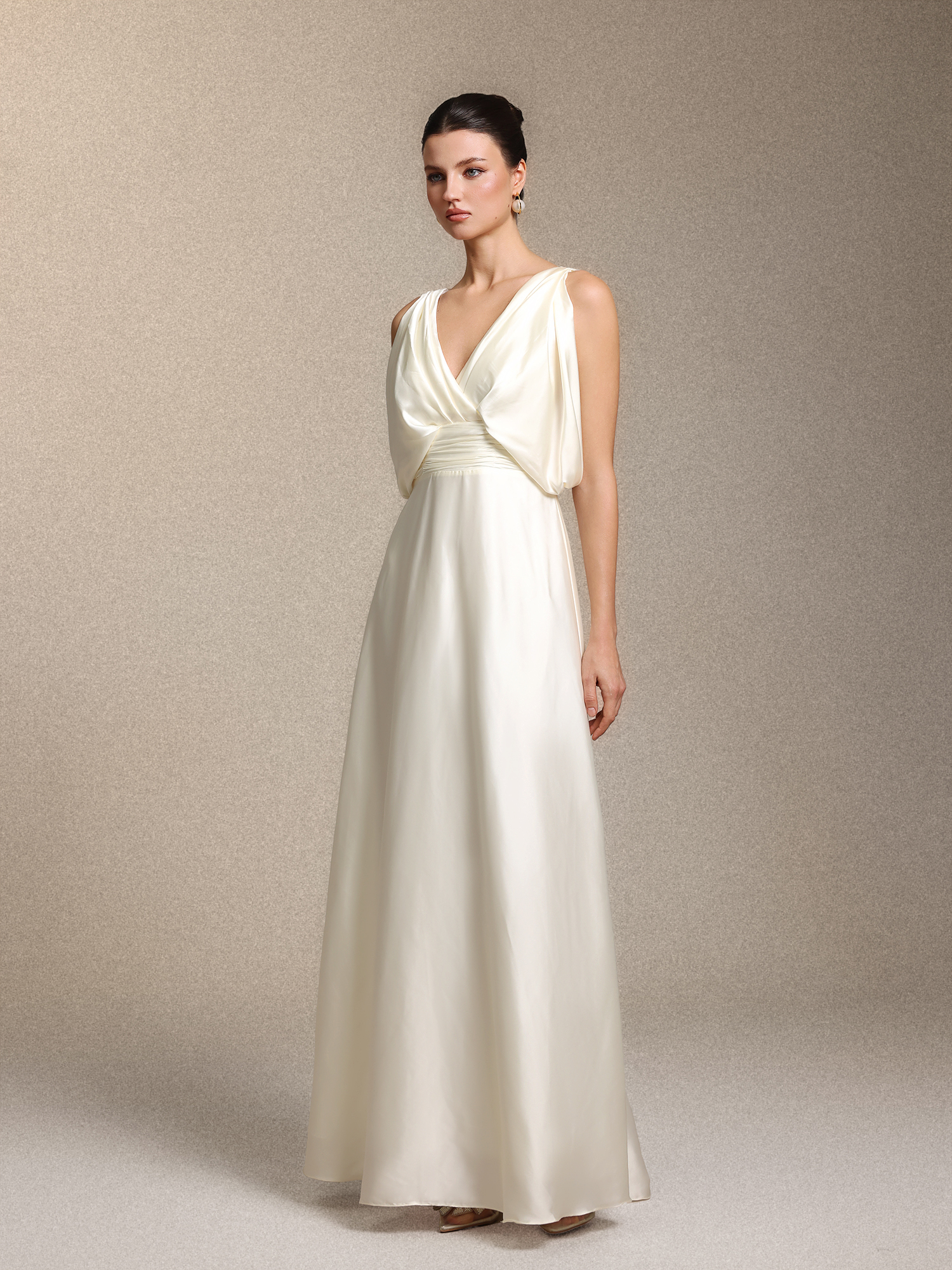 Heleza Elegant V Neck Curve-enhancing Ruched Beige Satin Maxi Dress