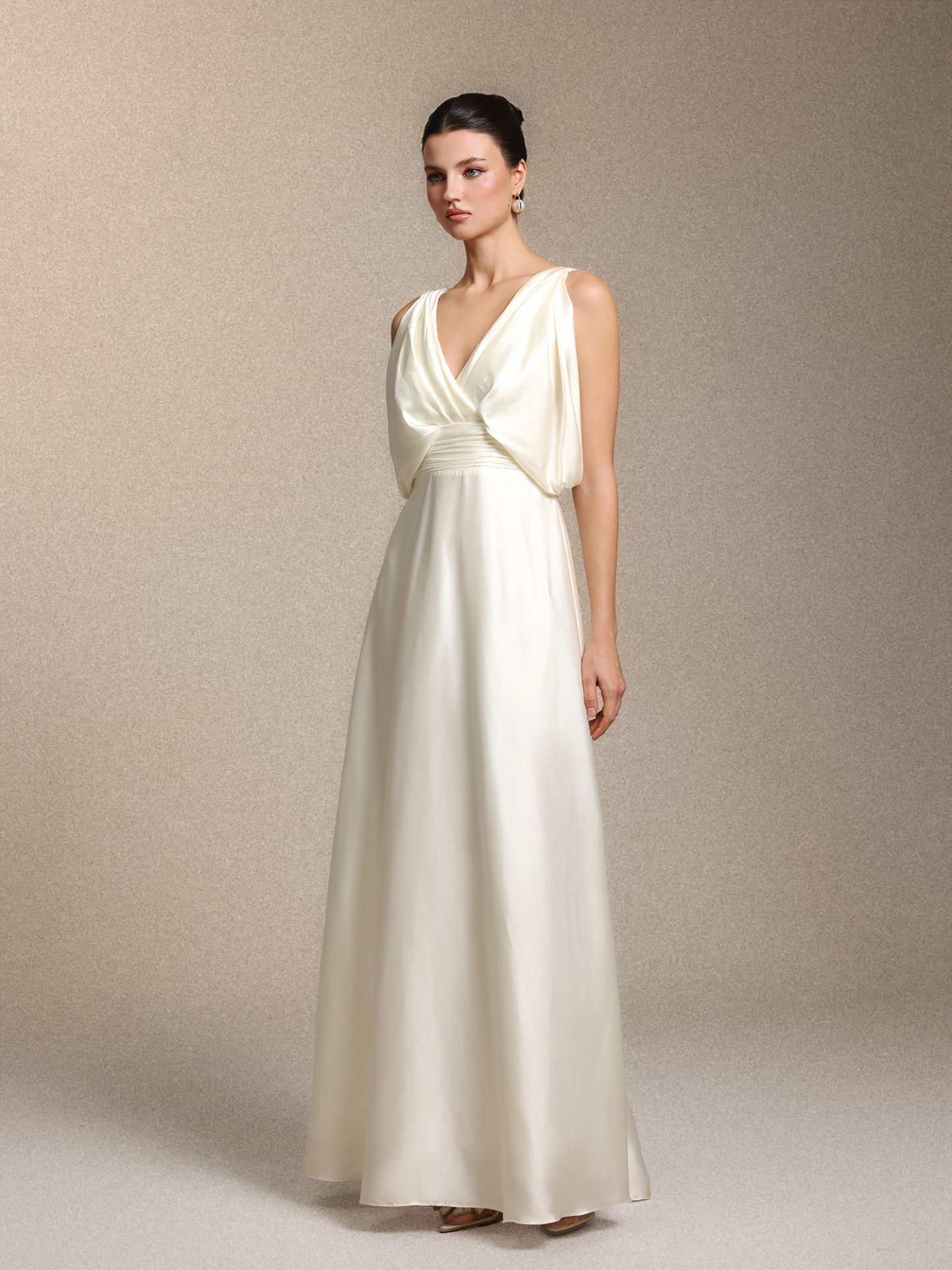 Heleza Elegant V Neck Curve-enhancing Ruched Beige Satin Maxi Dress