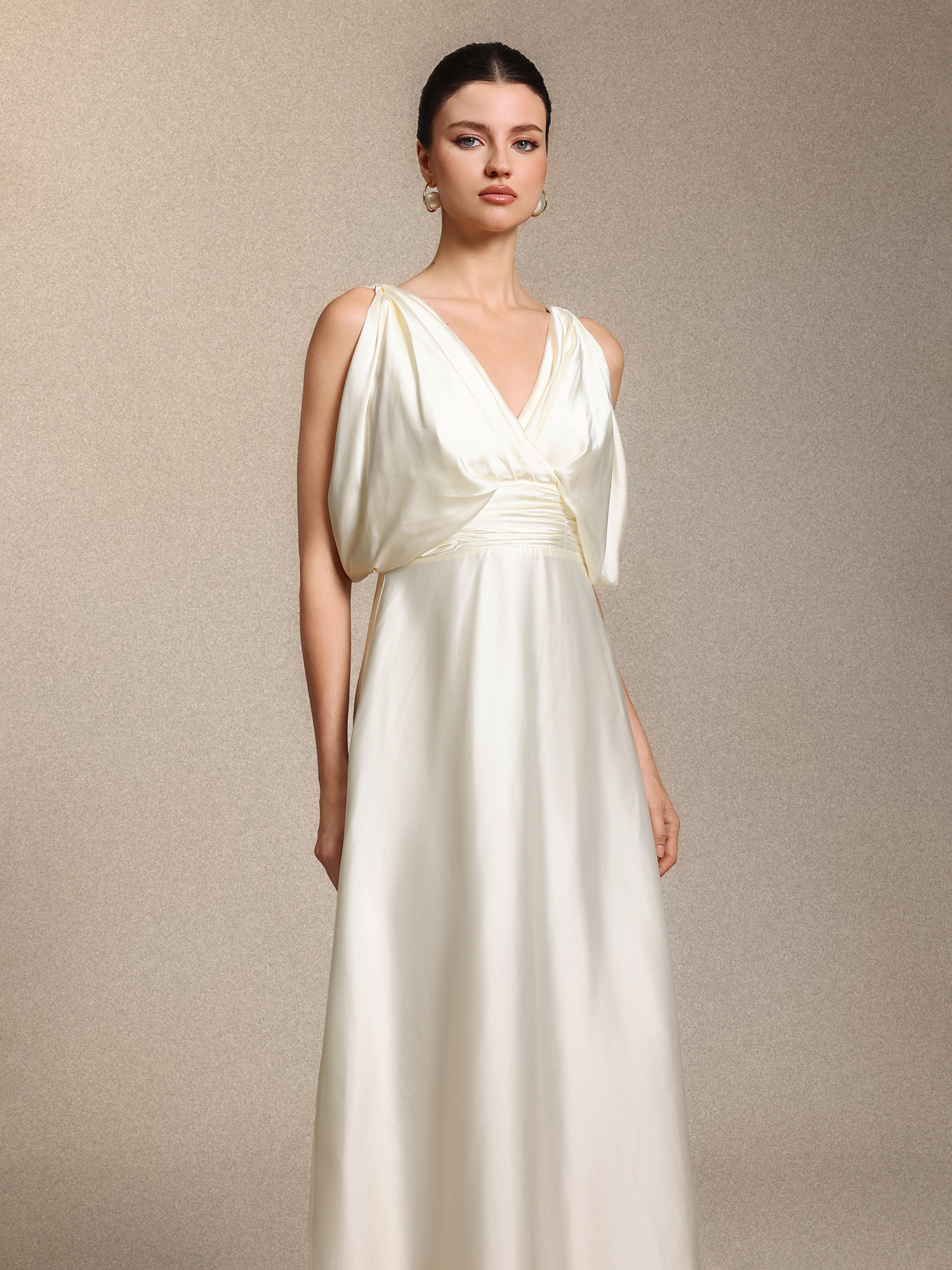 Heleza Elegant V Neck Curve-enhancing Ruched Beige Satin Maxi Dress