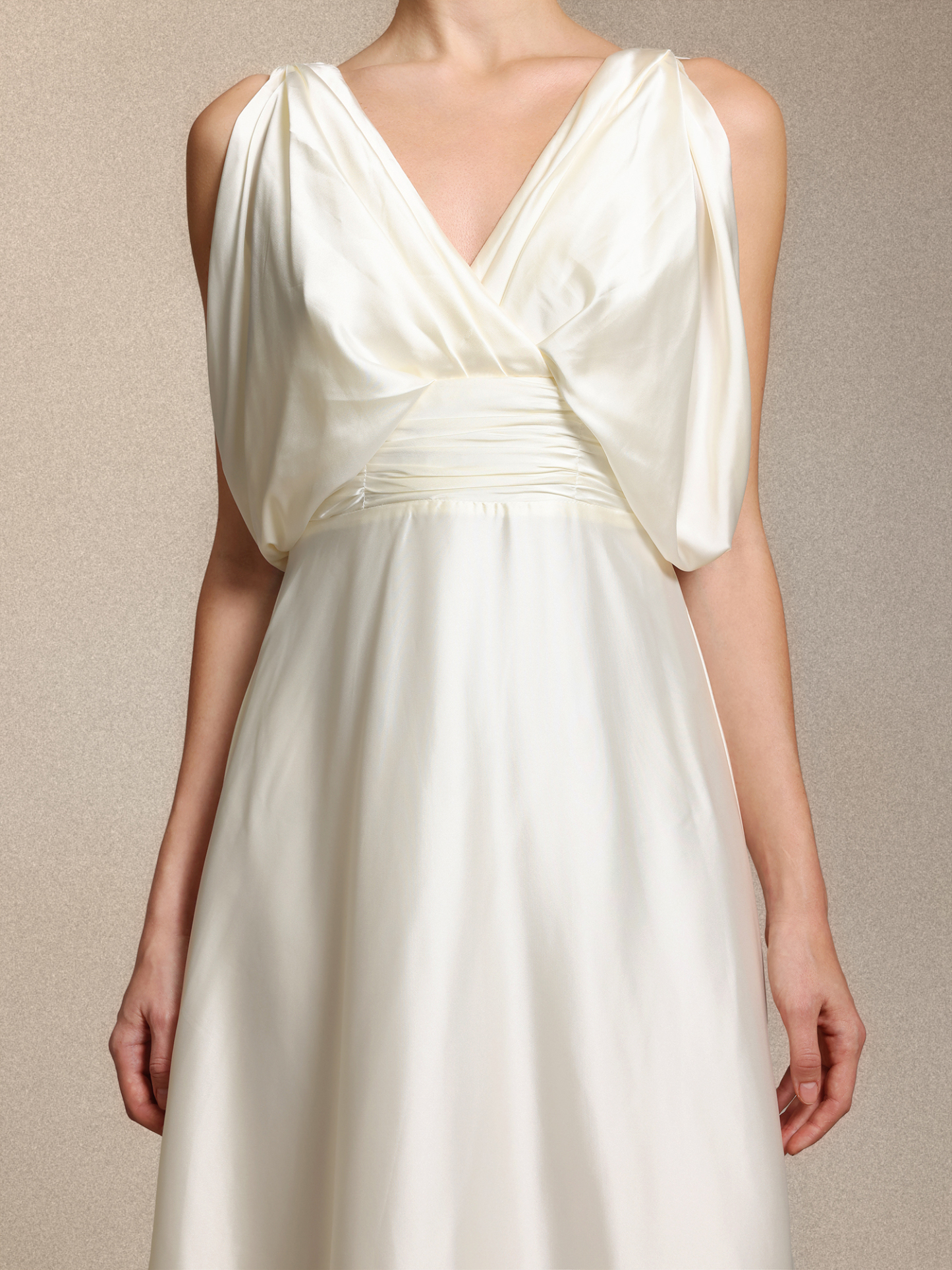 Heleza Elegant V Neck Curve-enhancing Ruched Beige Satin Maxi Dress