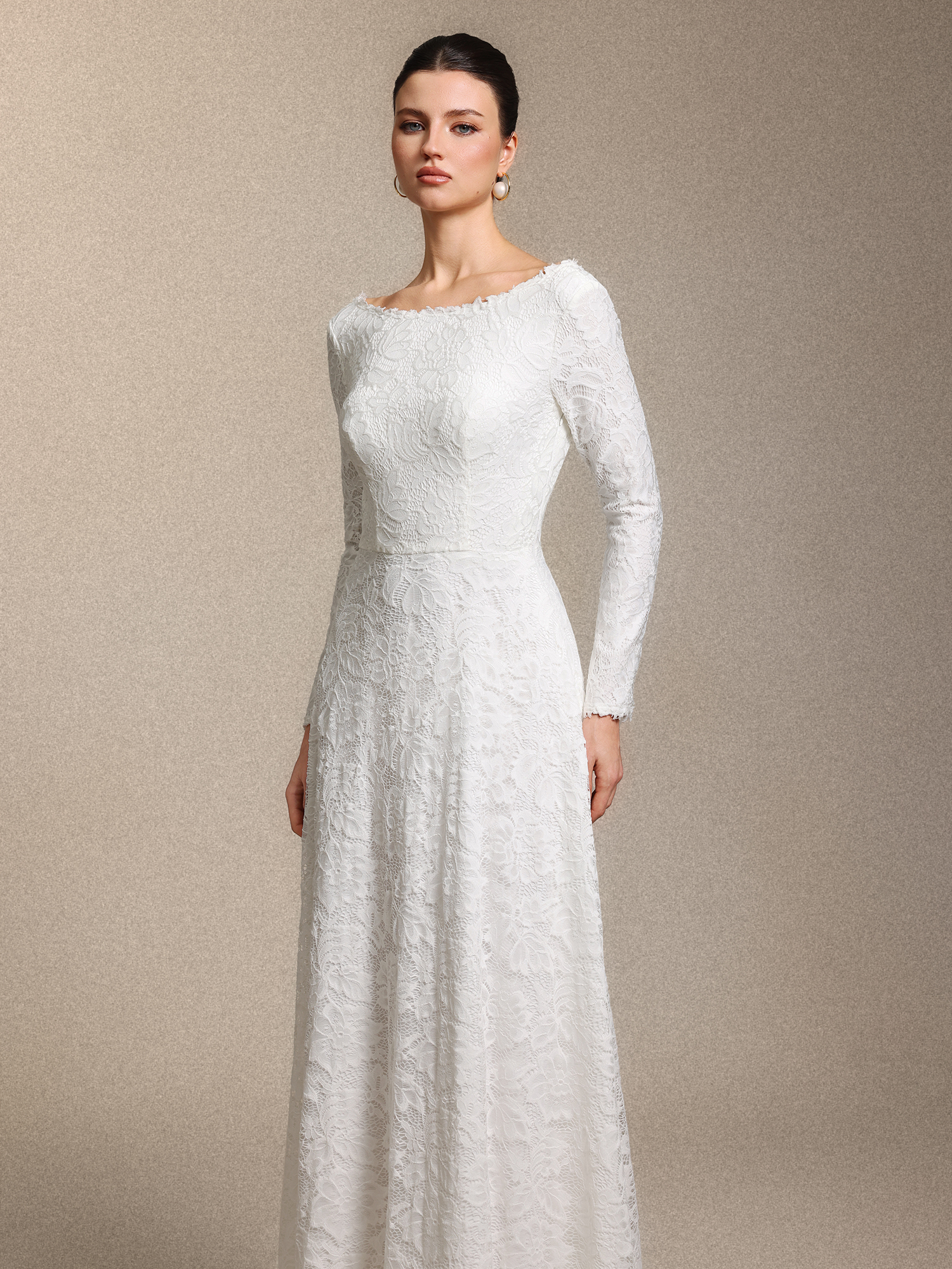 Nikuna Romantic Long Sleeve Open Back White Lace Maxi Dress